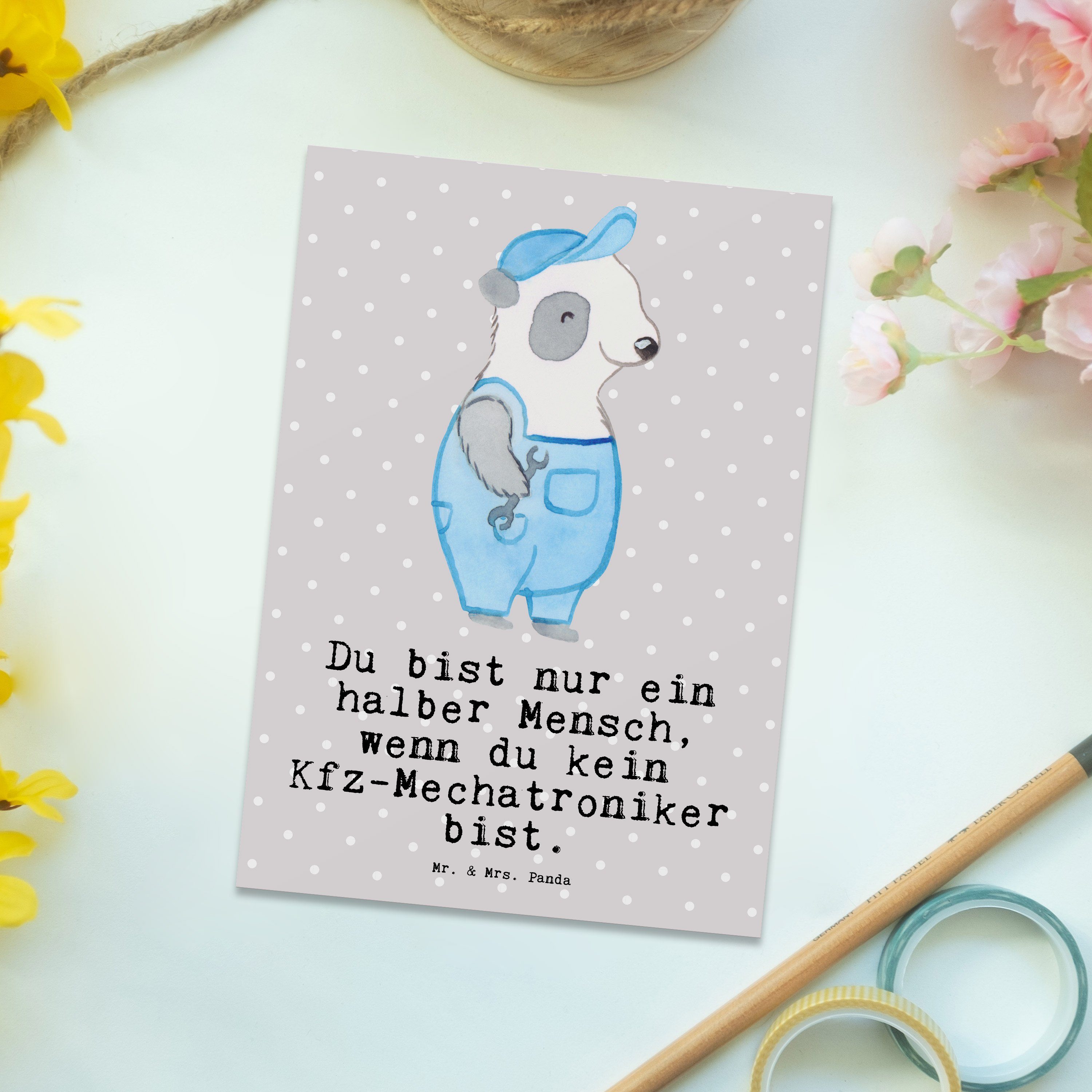 Postkarte Me Panda & Pastell Dankeskarte, - Herz Mr. Geschenk, Mrs. mit Kfz-Mechatroniker Grau -