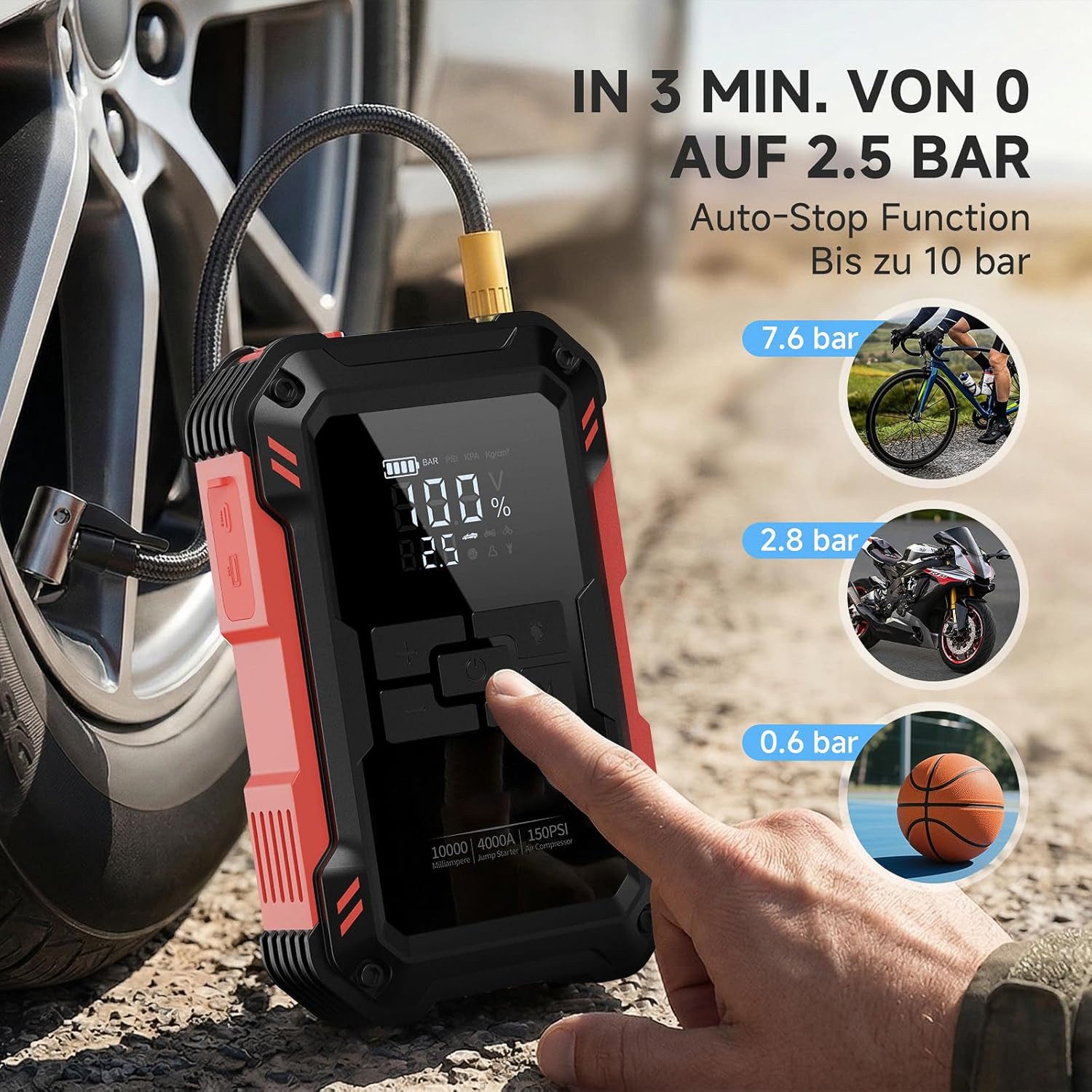Forrlite Auto Starthilfe Powerbank 4000A 12V Starthilfegerät, 4-in-1 Autobatterie-Ladegerät (10000mAh Starthilfegerät mit 150PSI Kompressor & Smart-Klemmen, Starthilfe Powerbank Benzin bis 9,0L & Diesel bis 6,5L mit USB & DC, 12 Schutzmaßnahmen, Notfall-LED-Licht & LCD Display, -20°C bis 60°C)