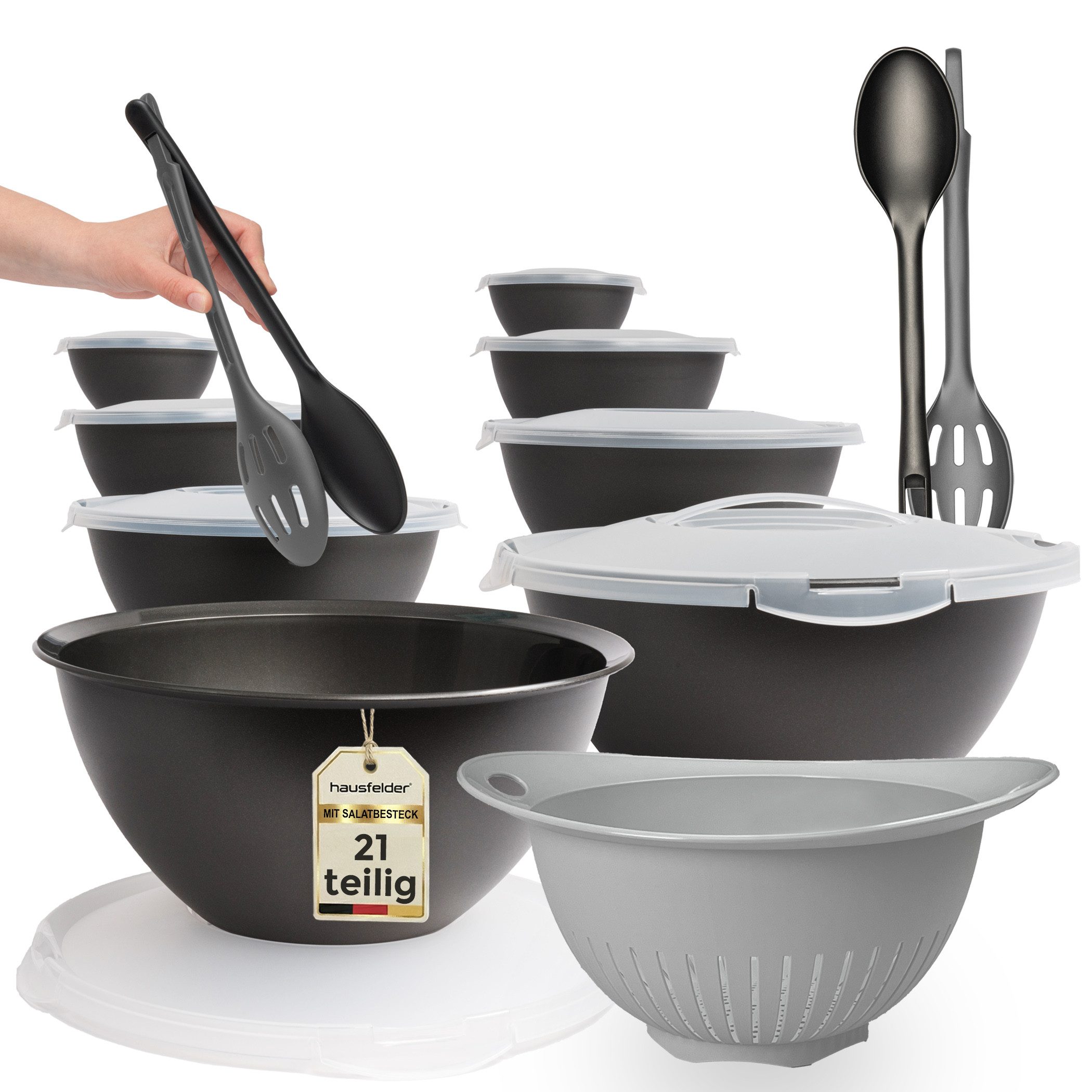 Hausfelder Salatschüssel Set groß, Schüsselset mit Deckel aus Kunststoff BPA-frei, Kunststoff, (Set, 21-tlg), Schüsseln 2x6 L, 2x3,6 L, 2x1,9 L, 2x0,7 L + 2 x Salatbesteck