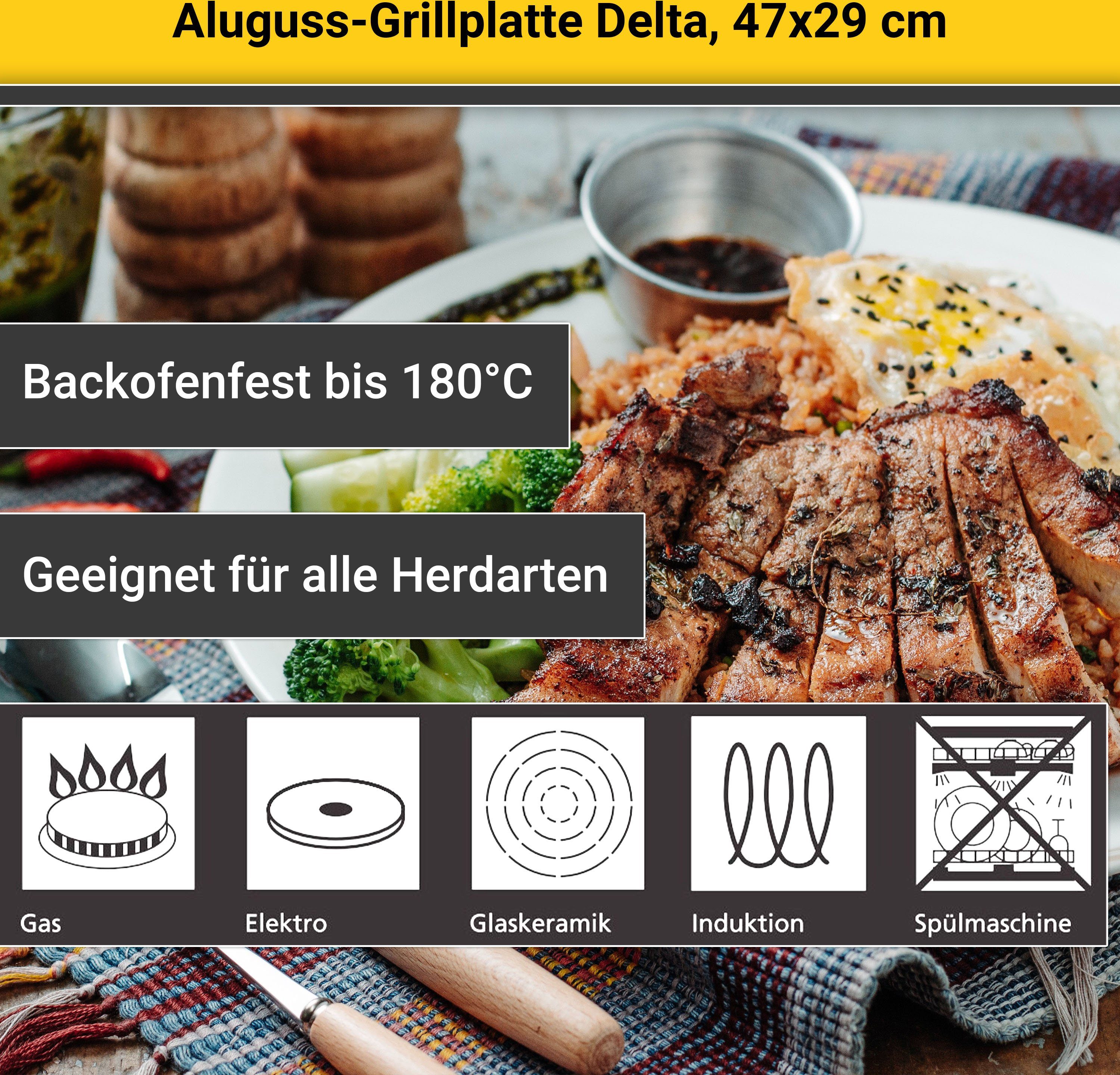 Krüger Grillplatte Delta (1-St), aus Aluminiumguss, für Induktions-Kochfelder geeignet, 47 x 29 cm