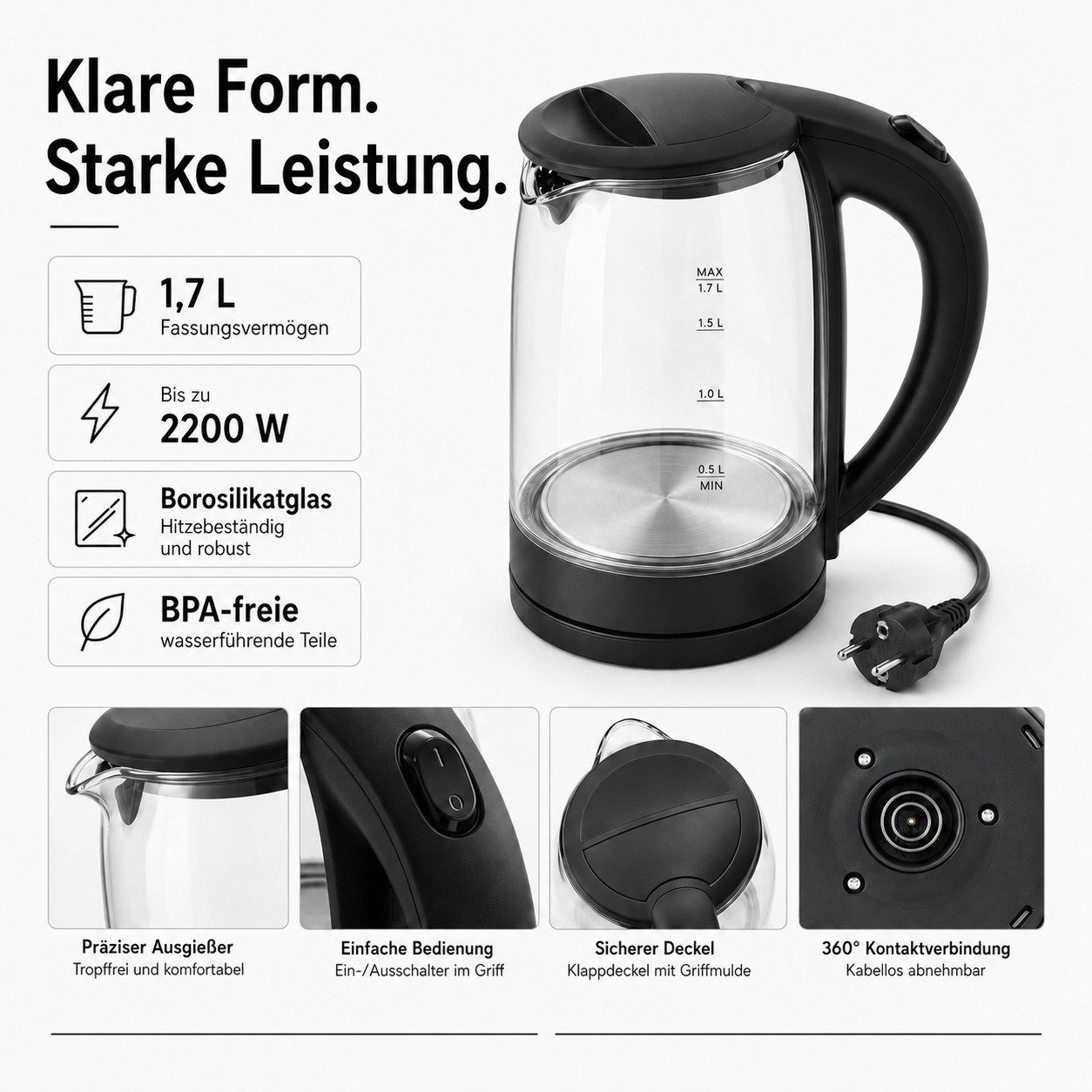 LEFEX Wasserkocher mawaa Glas-Wasserkocher 1,7 l 2200 W BPA-frei schwarz, 2200 W, Borosilikatglas / 1,7 l Fassungsvermögen / Edelstahlfilter