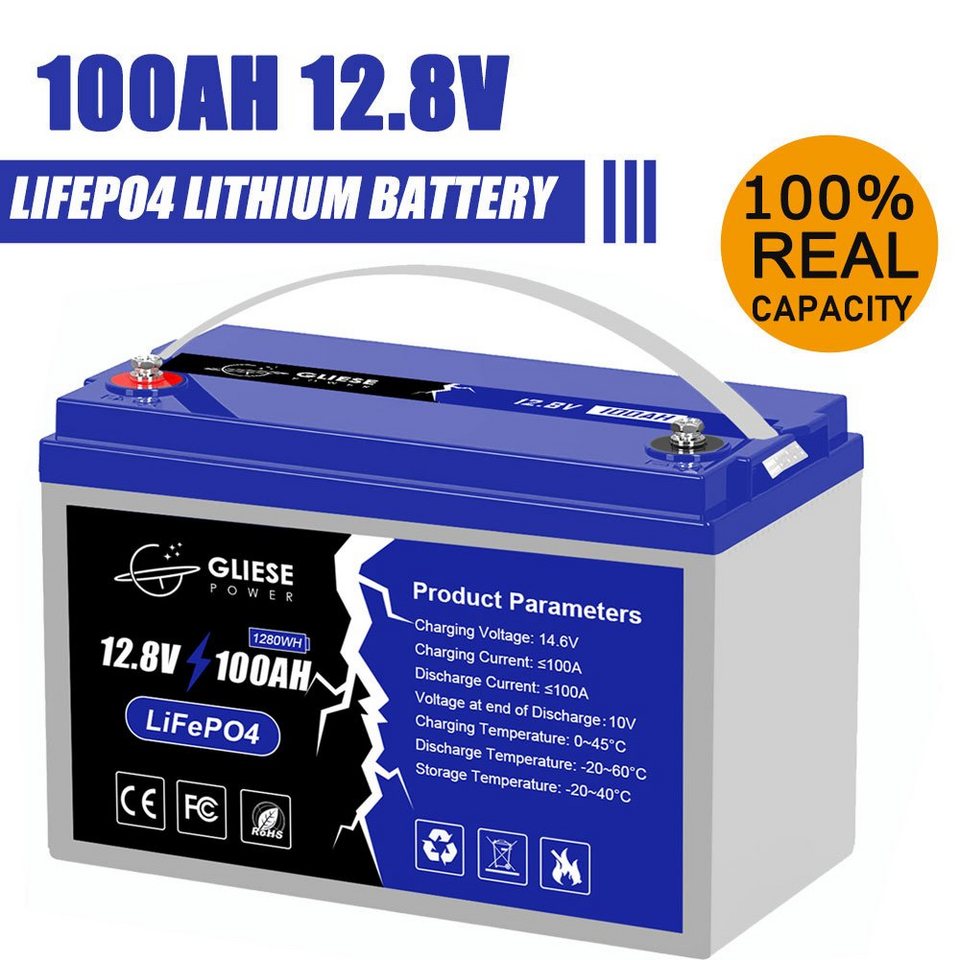 GLIESE 12V LiFePO4 Solarakkus 100000 mAh (12 V), Solar Batterie Akku  Extremzyklenfest, Erweiterungsakku