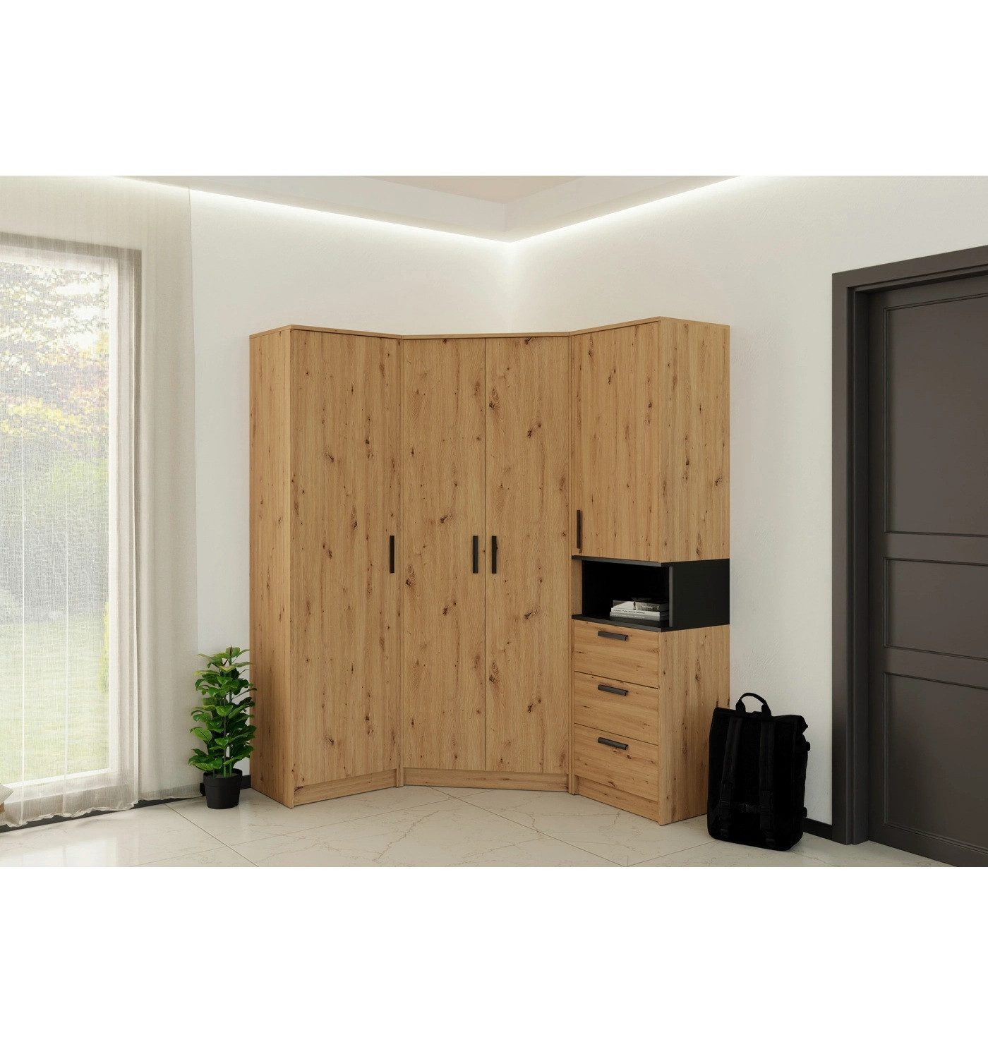Marmex Möbel Schrank-Set GRANT SET 45A Eckkleiderschrank Drehtürenschrank Regal, (3-St), Scharniere-Soft-Close, Schubladen, ausziehbare Kleiderstange