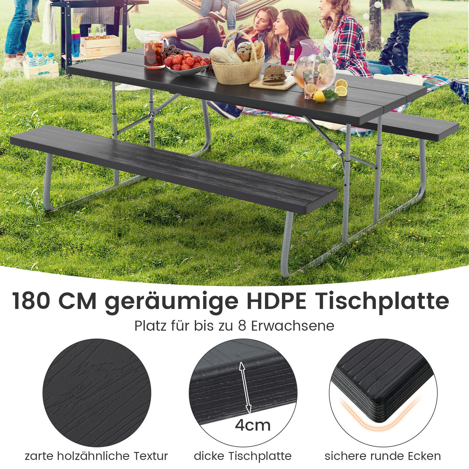 COSTWAY Bierzeltgarnitur, mit 183 cm Biertisch, 2 Bank, Metall, klappbar
