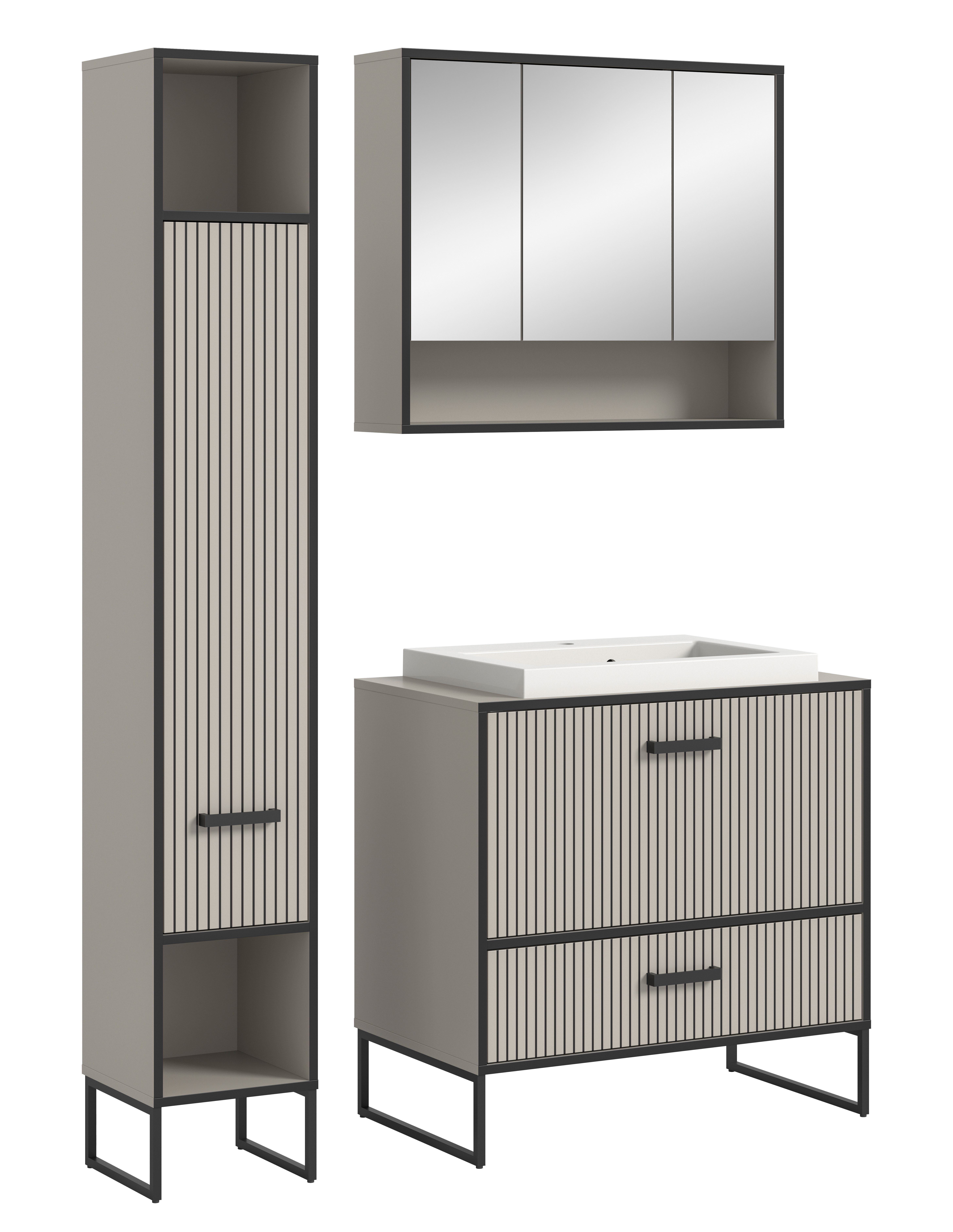 furnling Badmöbel-Set Benno, (3-St., aus Hochschrank, Spiegelschrank, Waschtisch mit Waschbecken), Rillenoptik, Breite 125 cm, Badschrank, Badmöbel, Kaschmir
