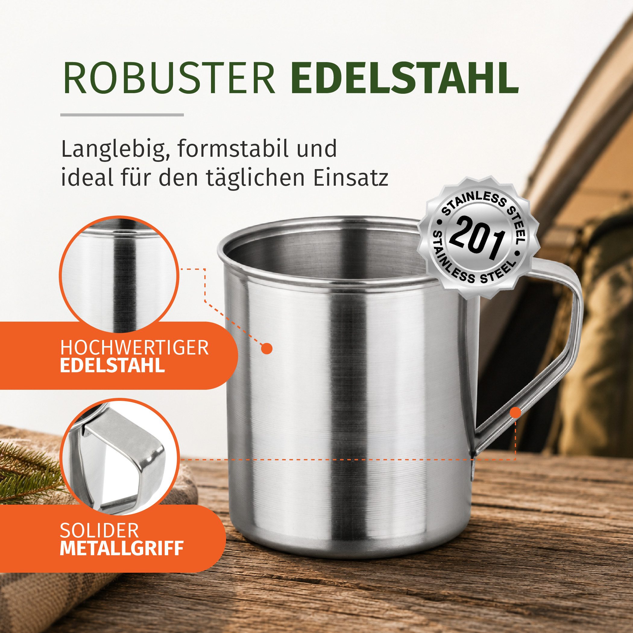 Moritz Tasse Moritz Becher Edelstahlbecher 200 ml mit Henkel Campingbecher robust, 1-tlg., Edelstahl