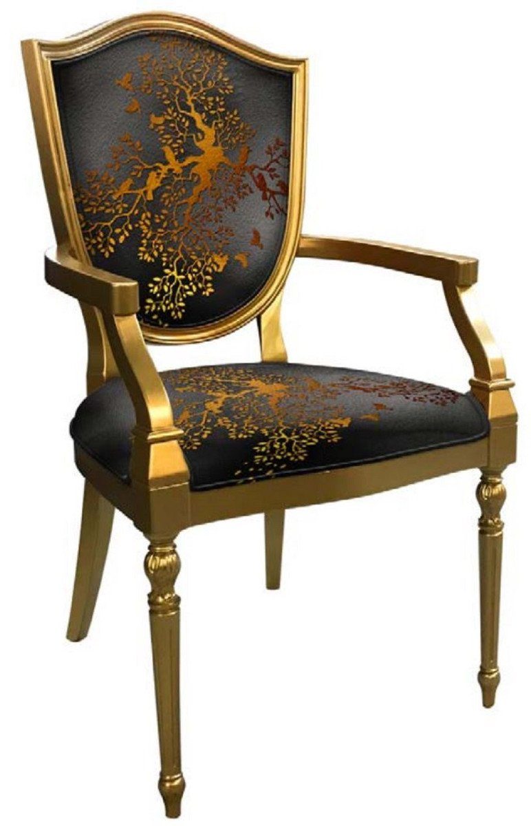 Casa Padrino Esszimmerstuhl Art Deco Esszimmerstuhl Grau / Gold - Massivholz Stuhl mit Armlehnen und elegantem Muster - Art Deco Esszimmer Möbel