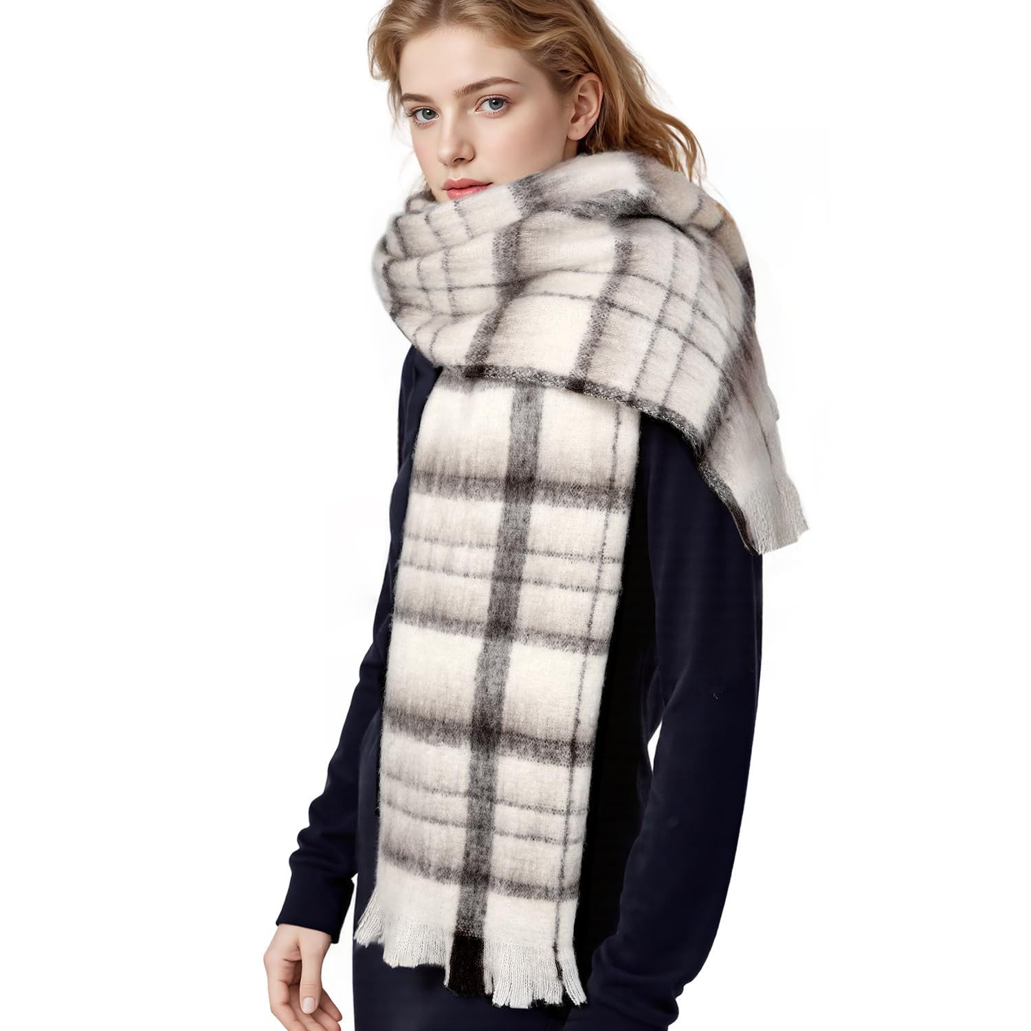 Oemmn Modeschal Damen Winterschal, Eleganter Damen Schal,großer dicker Kuschelschal, 200 × 38 cm, Karomuster mit Fransen, vielseitig kombinierbar