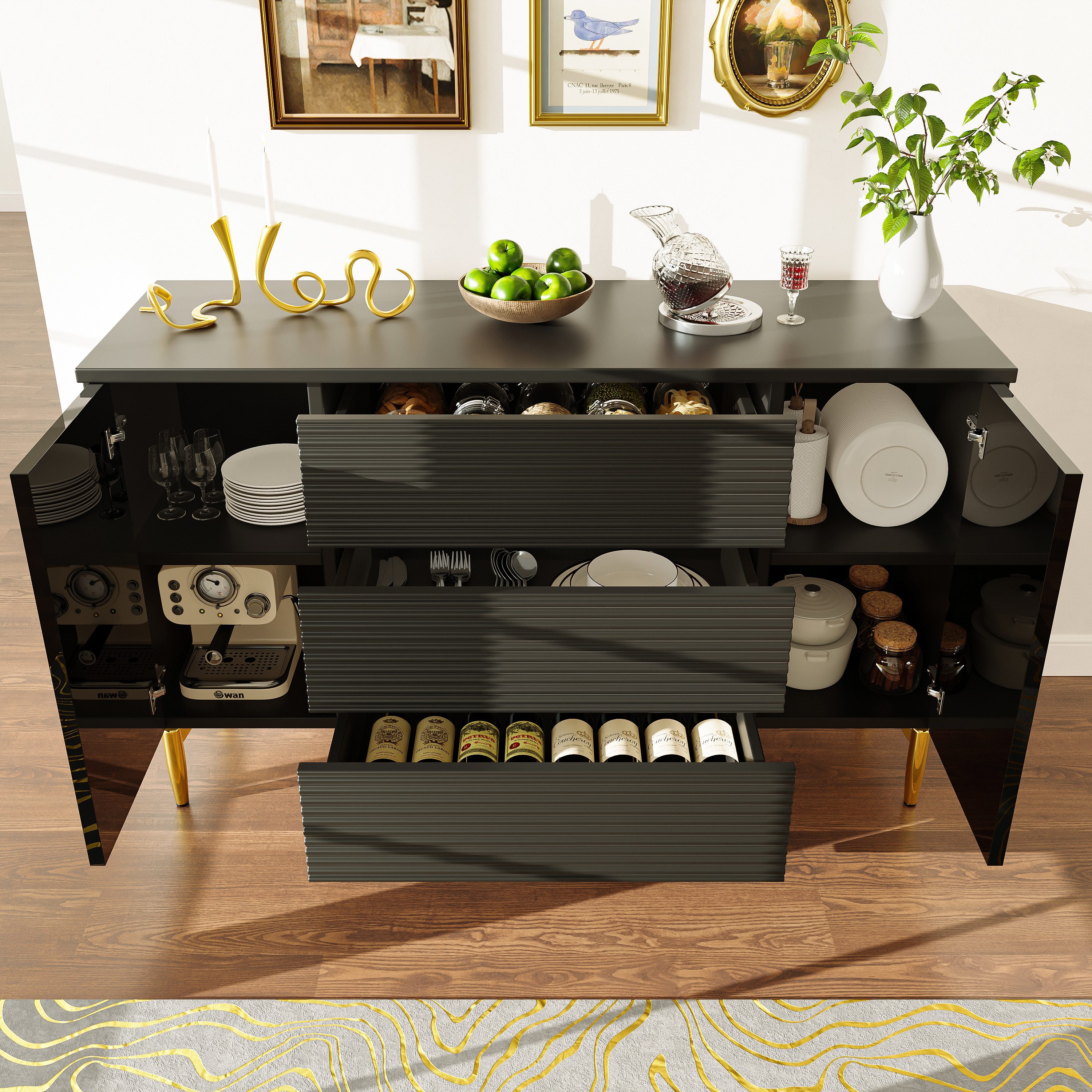 TavilaEcon Sideboard Schwarzer Esszimmerschrank mit kariertem günstig online kaufen