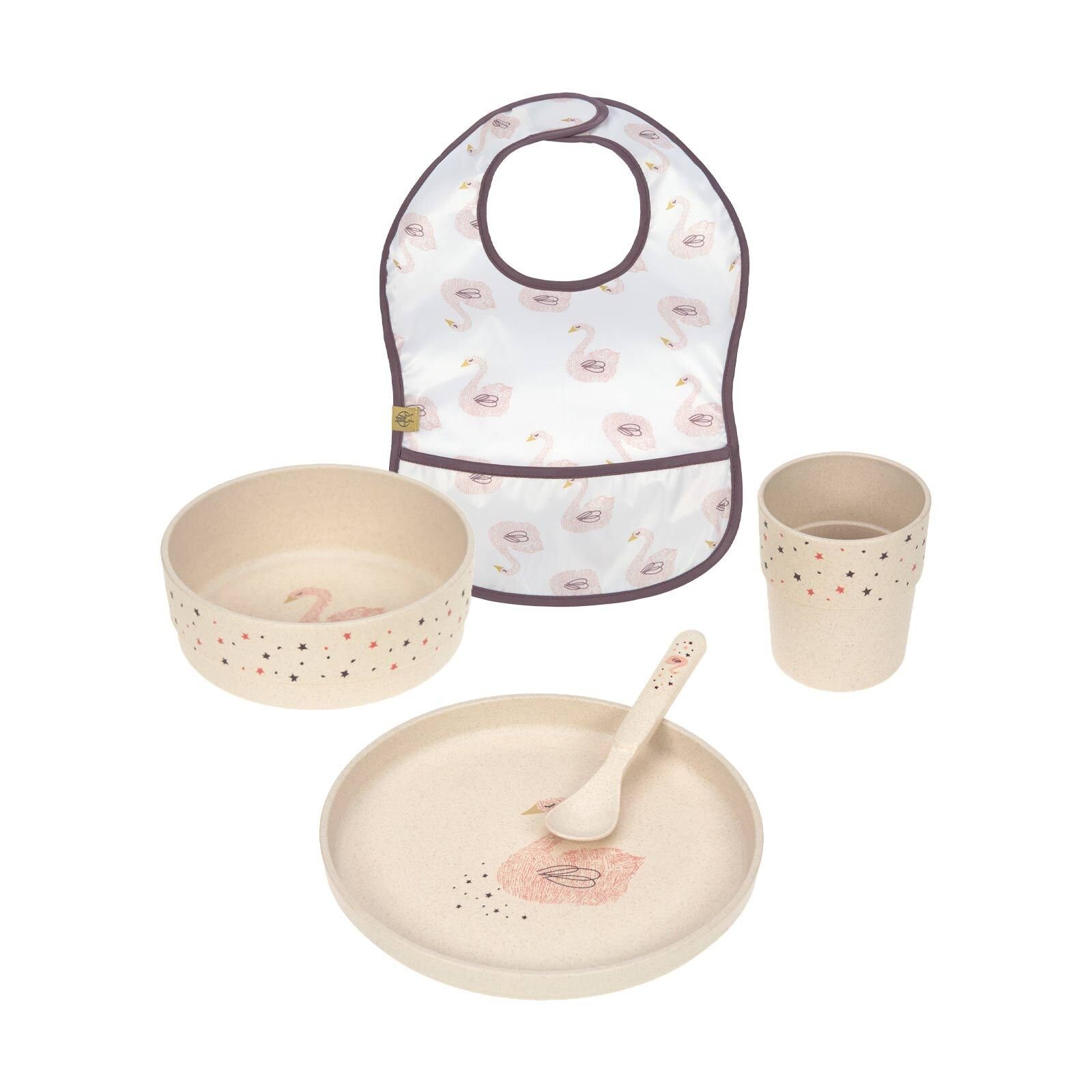 LÄSSIG Kindergeschirr-Set Little Water Kindergeschirr mit Lätzchen 5er Set (5-tlg), Material-Mix Swan