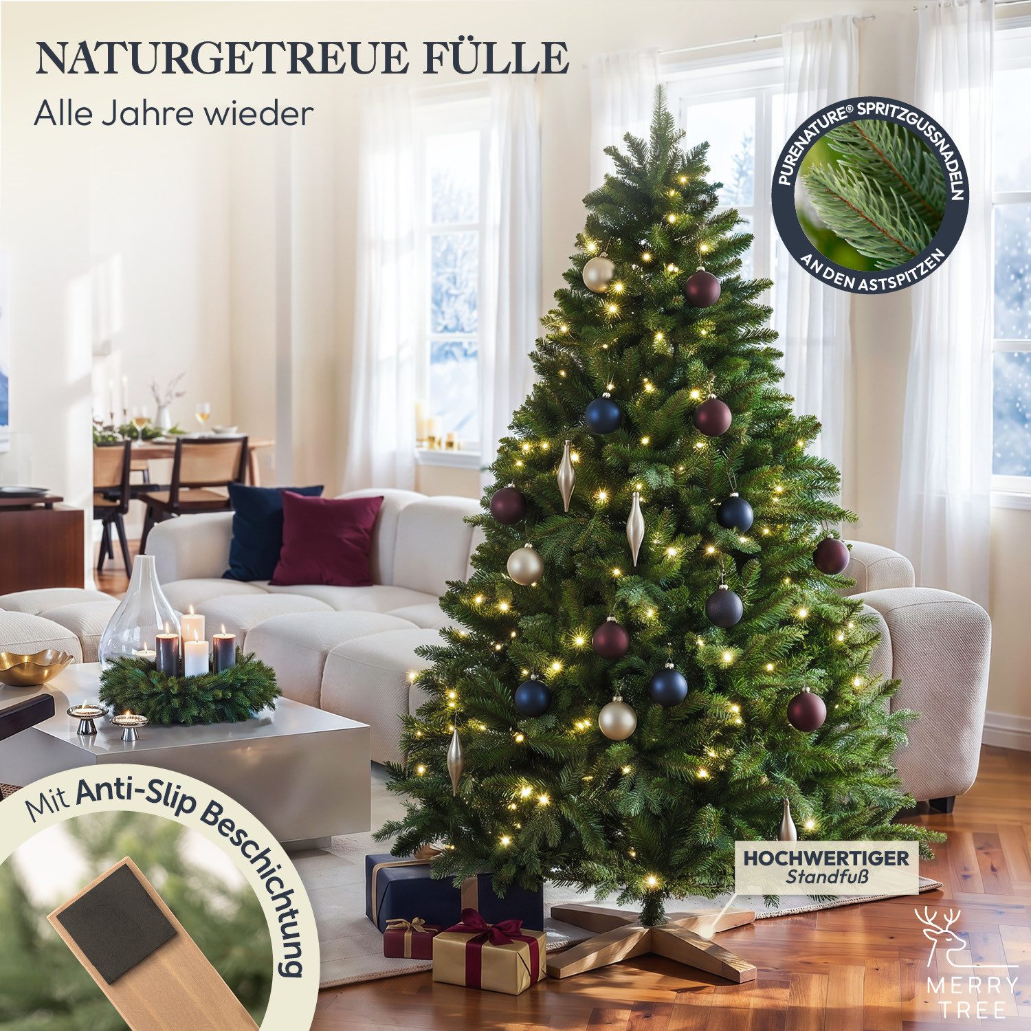MERRY TREE Künstlicher Weihnachtsbaum Premium künstlicher Weihnachtsbaum aus naturgetreuem PVC + PE, Nordmanntanne, Spritzguss Mix mit massivem Holzfuß, mit und – Bild 3 von 5