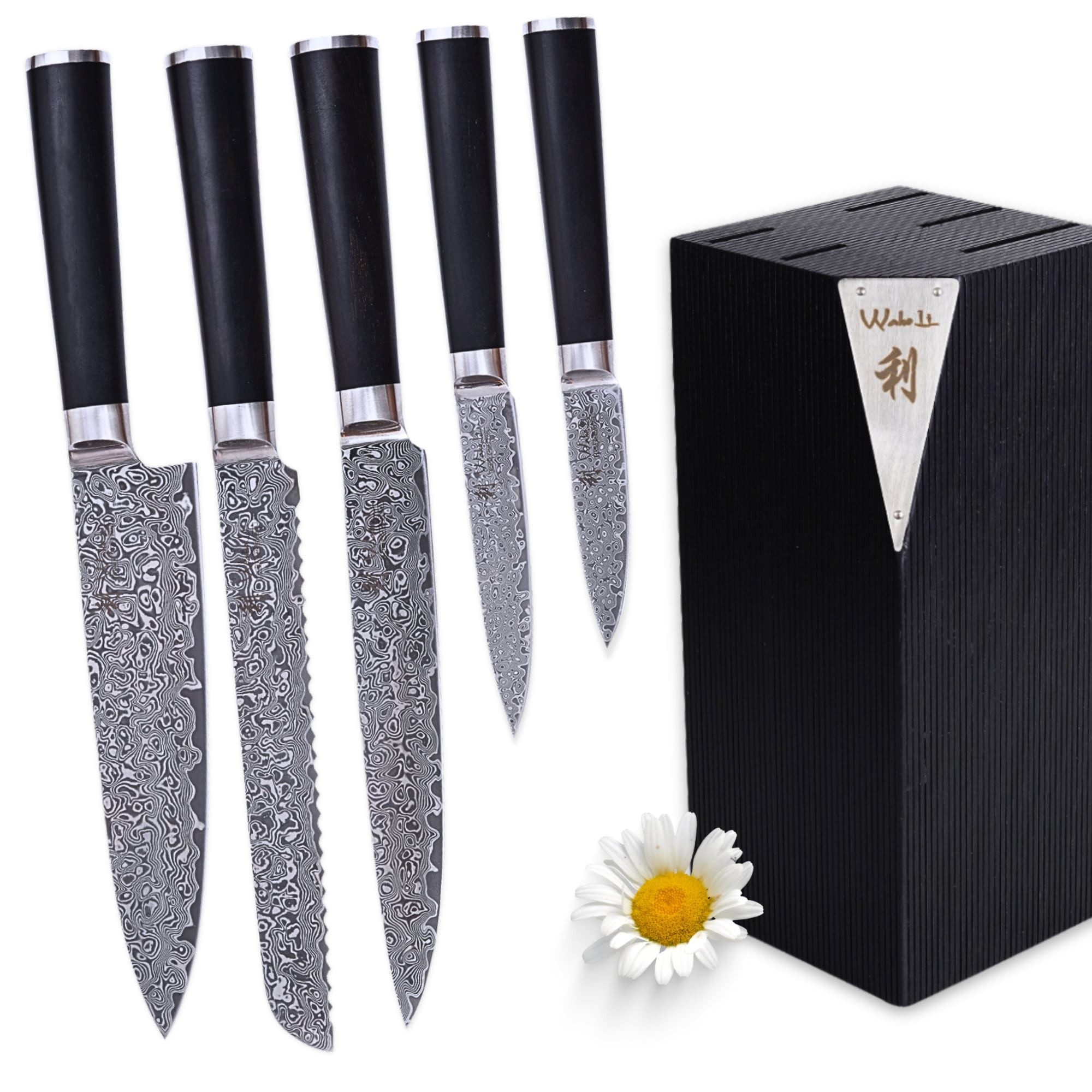 Wakoli Magnet-Messerblock Culinary Noir 6-teiliges Set I 5 Damast Küchenmesser und Einsteckblock