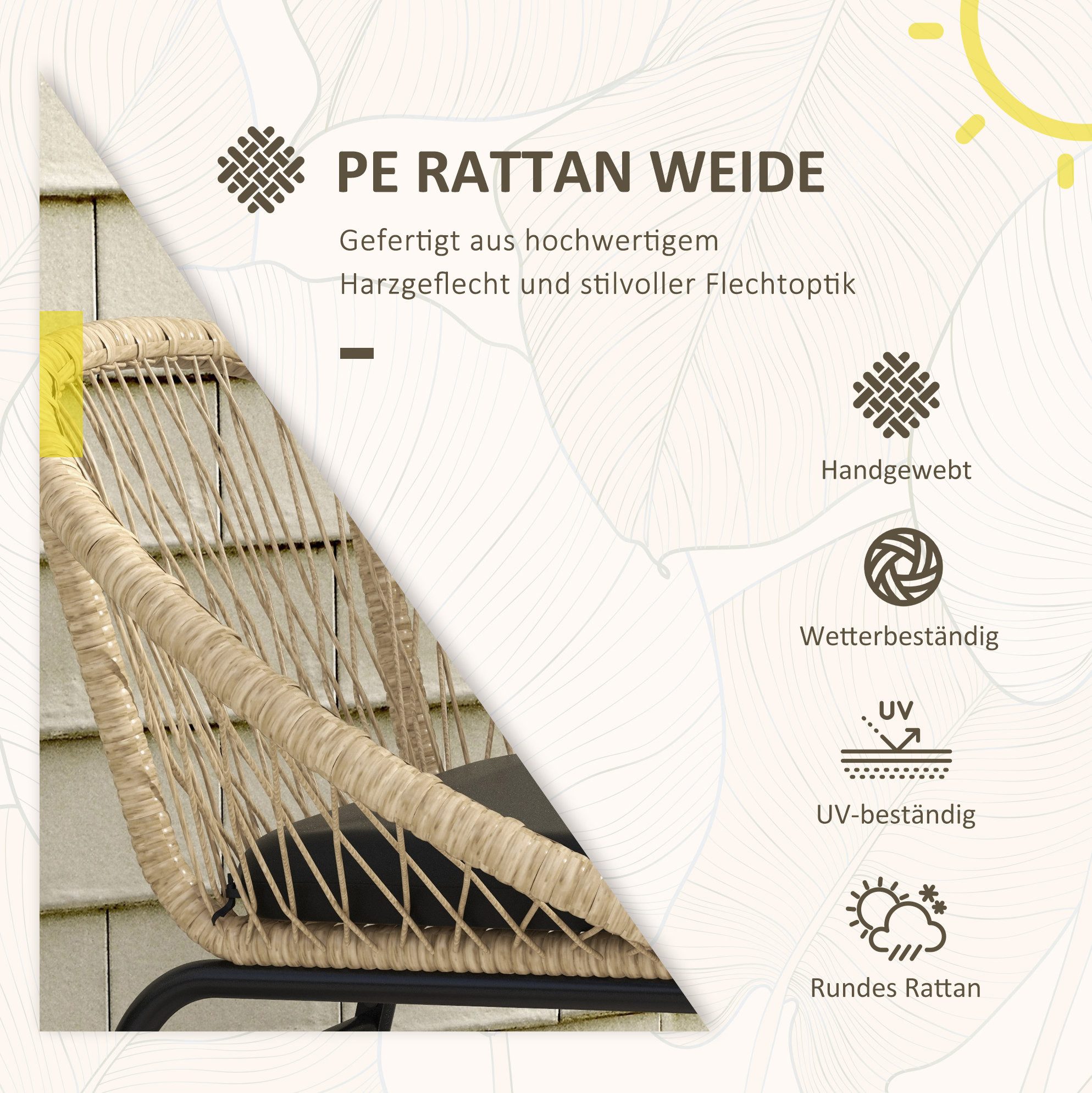 OKWISH Sitzgruppe 3‑tlg. Rattan-Gartenmöbel-Set mit Couchtisch, 2 Stühlen & Kissen, (Set, 3-tlg., in Gelb, 40x40x45 cm, 2‑Personen-Garnitur in kräftiger Farbe), Balkonmöbel-Set für Terrasse, Garten & kleine Bereiche, Polyester