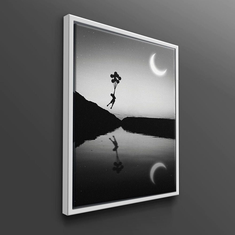 DOTCOMCANVAS® Leinwandbild Ballon Kid, Wandbild Kind Junge schwarzer schwarz wei Fluss Ballon fliegen Natur grau Mond Rahmen