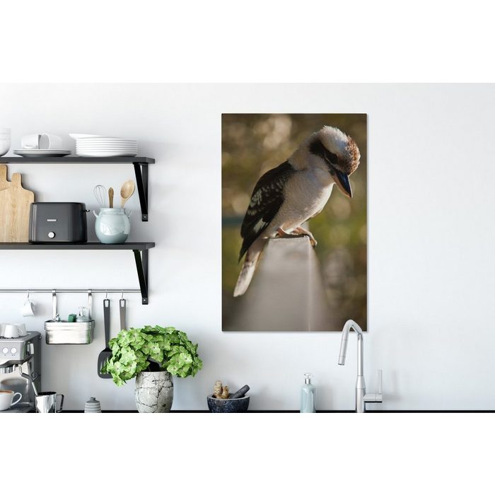 OneMillionCanvasses® Leinwandbild Ein Kookaburra sitzt auf einem Geländer (1 St) Leinwand Bilder für Wohnzimmer Schlafzimmer ZR10784