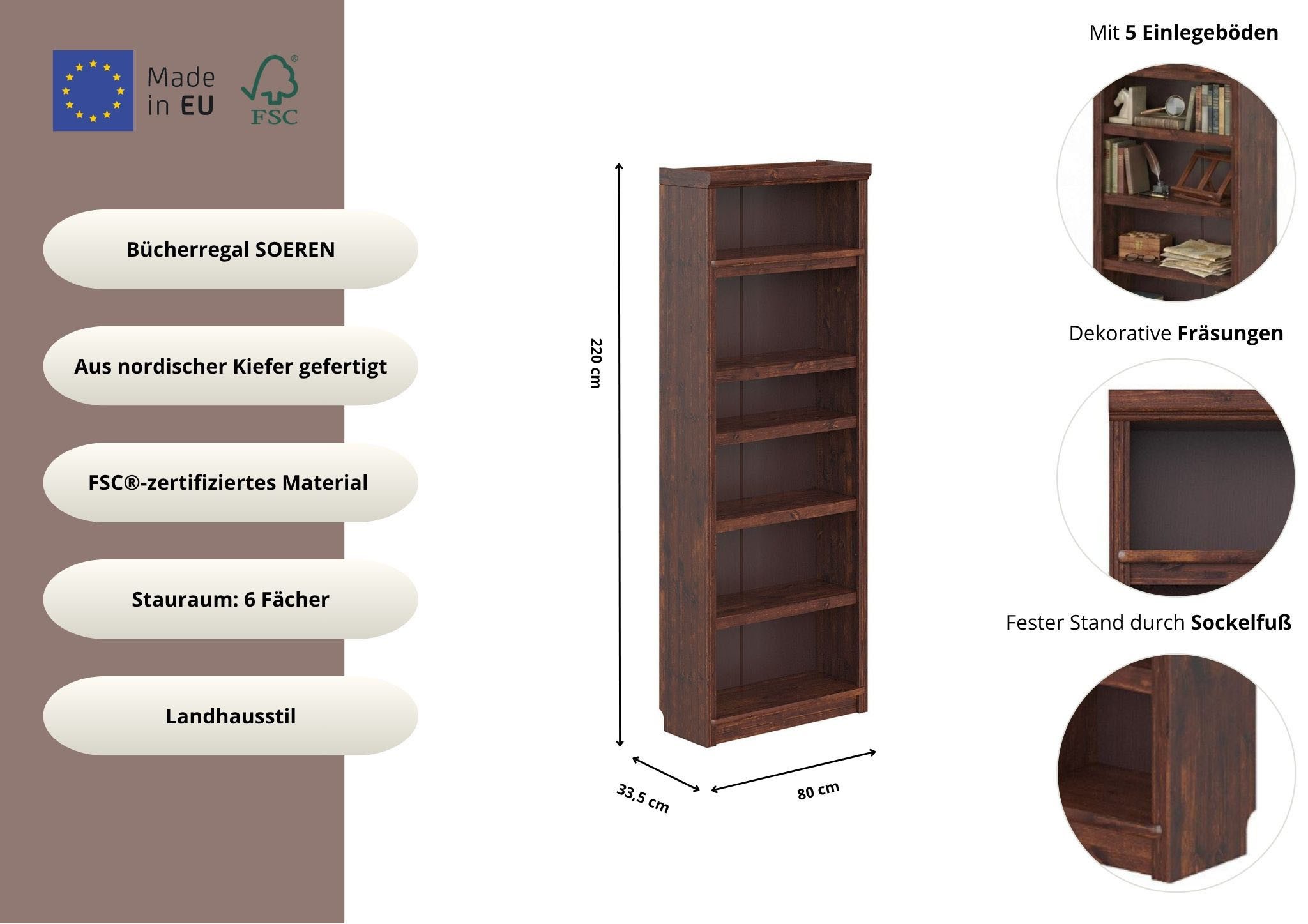 OTTO home Bücherregal Soeren Regal B/T/H: 80/33,5/220 cm, mit 6 Fächern, massive Kiefer, FSC®-zertifizier – Bild 3 von 5