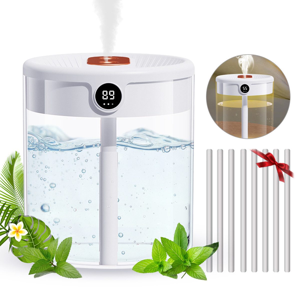 MOPUEA Luftbefeuchter Luftbefeuchter 2L Kaltnebel 26dB Doppeldüsen 14 Stunden, 673961122 l Wassertank, 26dB Schlafmodus 2L Tank Doppeldüsen Echtzeit Sensor BPA Frei