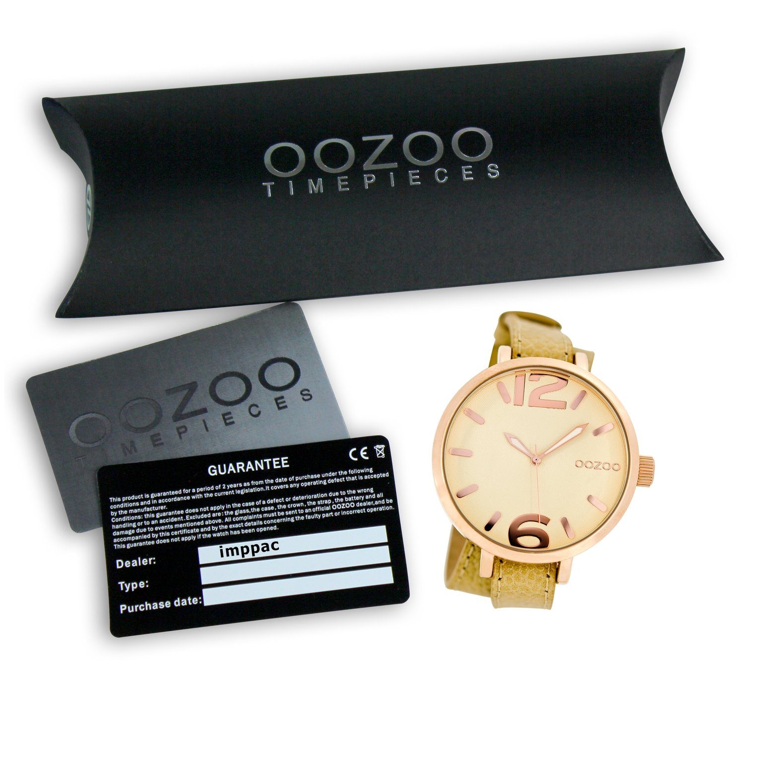 Damen Uhren OOZOO Quarzuhr UOC6835 Oozoo Armbanduhr Damen rosegold, Damenuhr rund, groß (ca. 45mm), Lederarmband, Fashion-Style