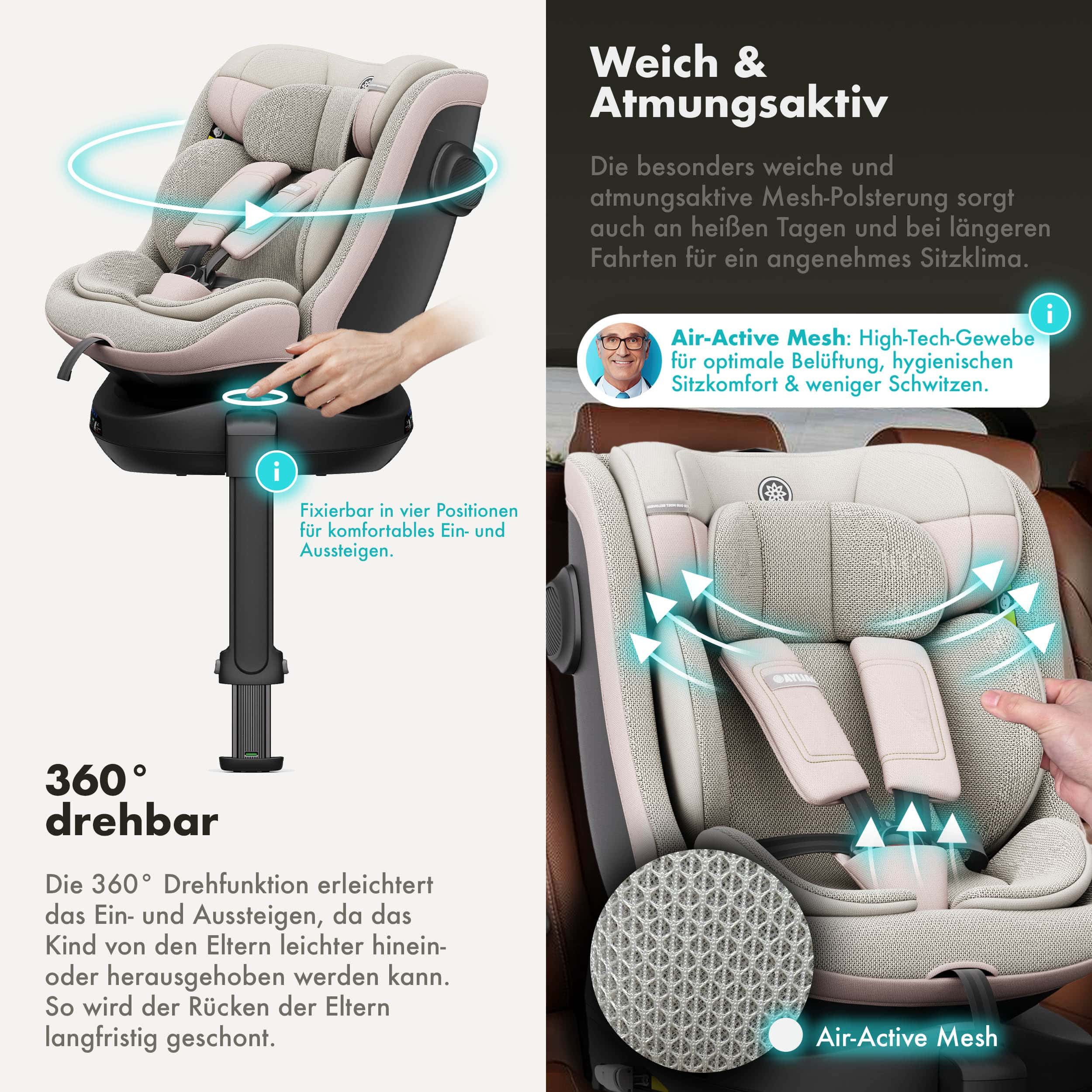 Daliya® Autokindersitz BRAVO i-Size Auto-Kindersitz, 360° drehbar, mitwachsend, atmungsaktiv, ab: ab Geburt, bis: bis 12 Jahre, ab: 40 cm, bis: 150 cm, (Neugeborenen-Set, 4-tlg), 8 Stufen Sitzneigung, verstellbare Kopfstütze, Stützbein, Belüftet