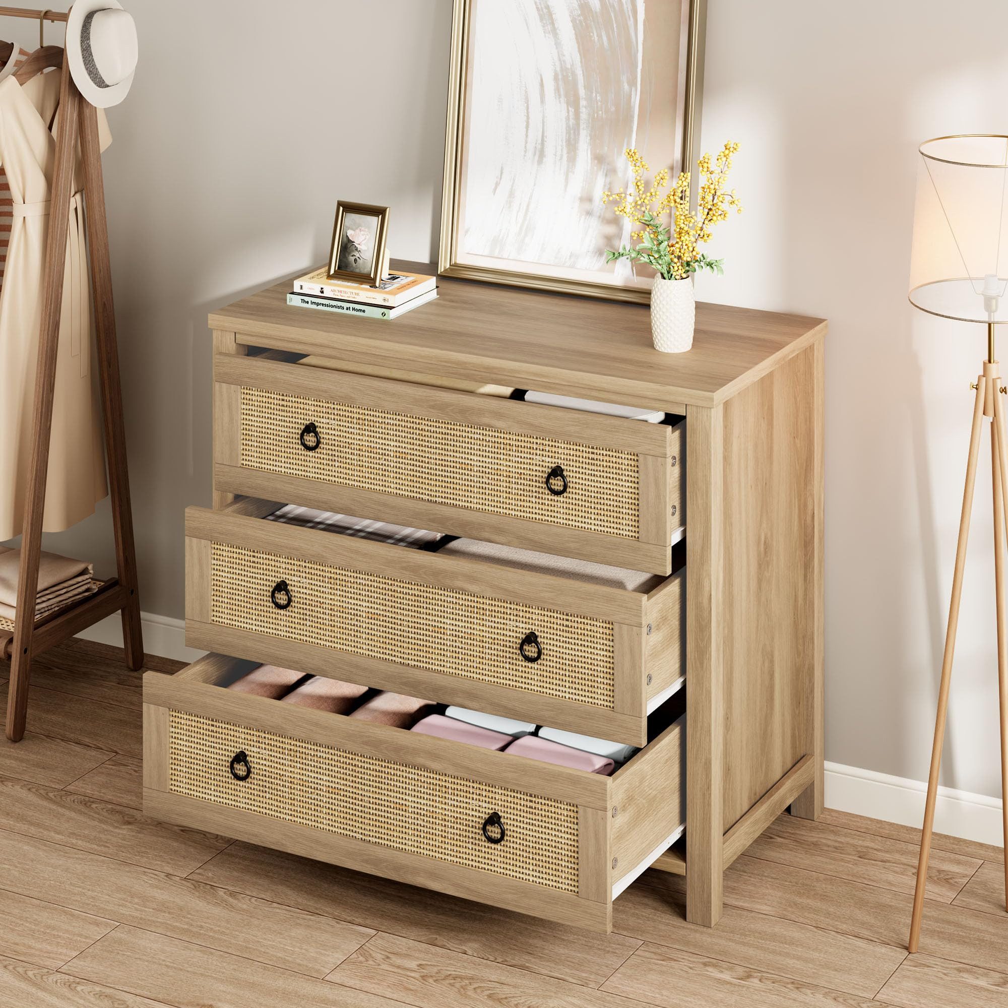 GarveeMore Kommode Kommode mit 3 Schubladen aus Rattan Schubkastenkommode Nachtkommode, Sideboard Anrichte Moderne Mini-Kommode einfache Montage Stauraum