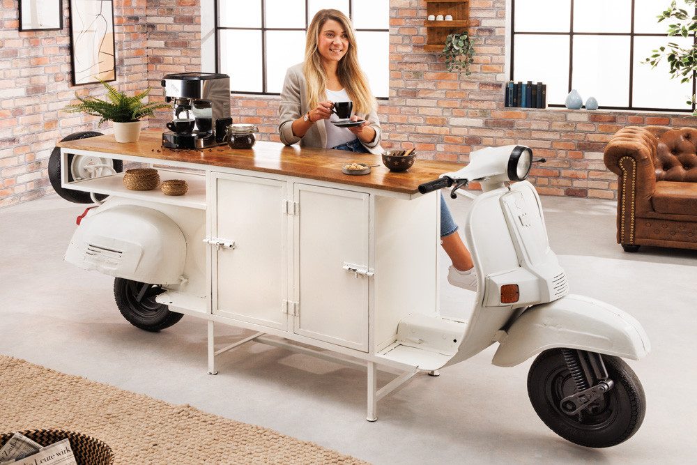 riess-ambiente Barschrank SCOOTER 250cm weiß · Upcycling-Konsole mit Motorroller-Gestell (Einzelartikel, 1-St) Mango-Massivholz-Platte · mit Stauraum & Theke · Design
