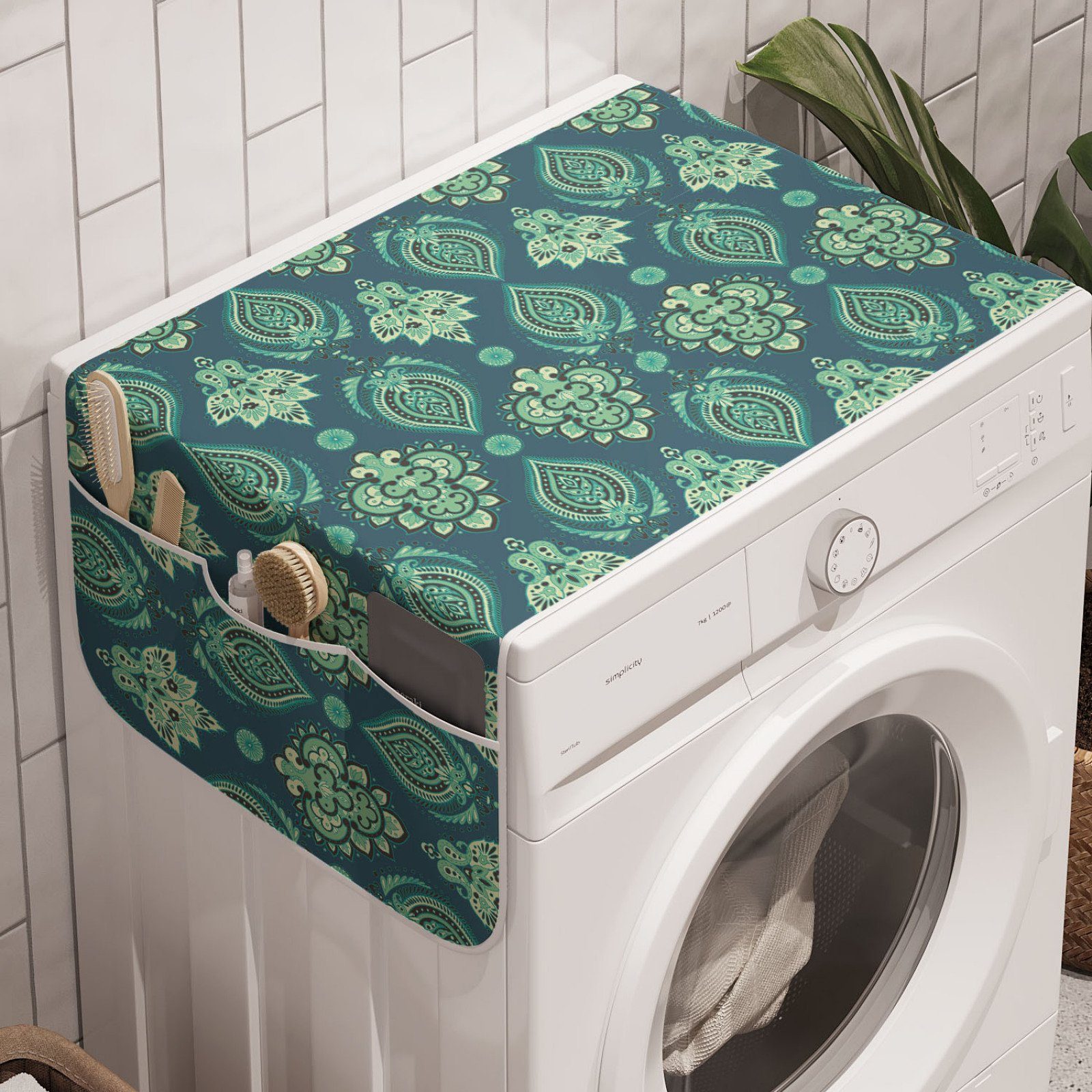 Abakuhaus Badorganizer Anti-Rutsch-Stoffabdeckung für Waschmaschine und Trockner, Ethnisch Floral Ornamental Patterns