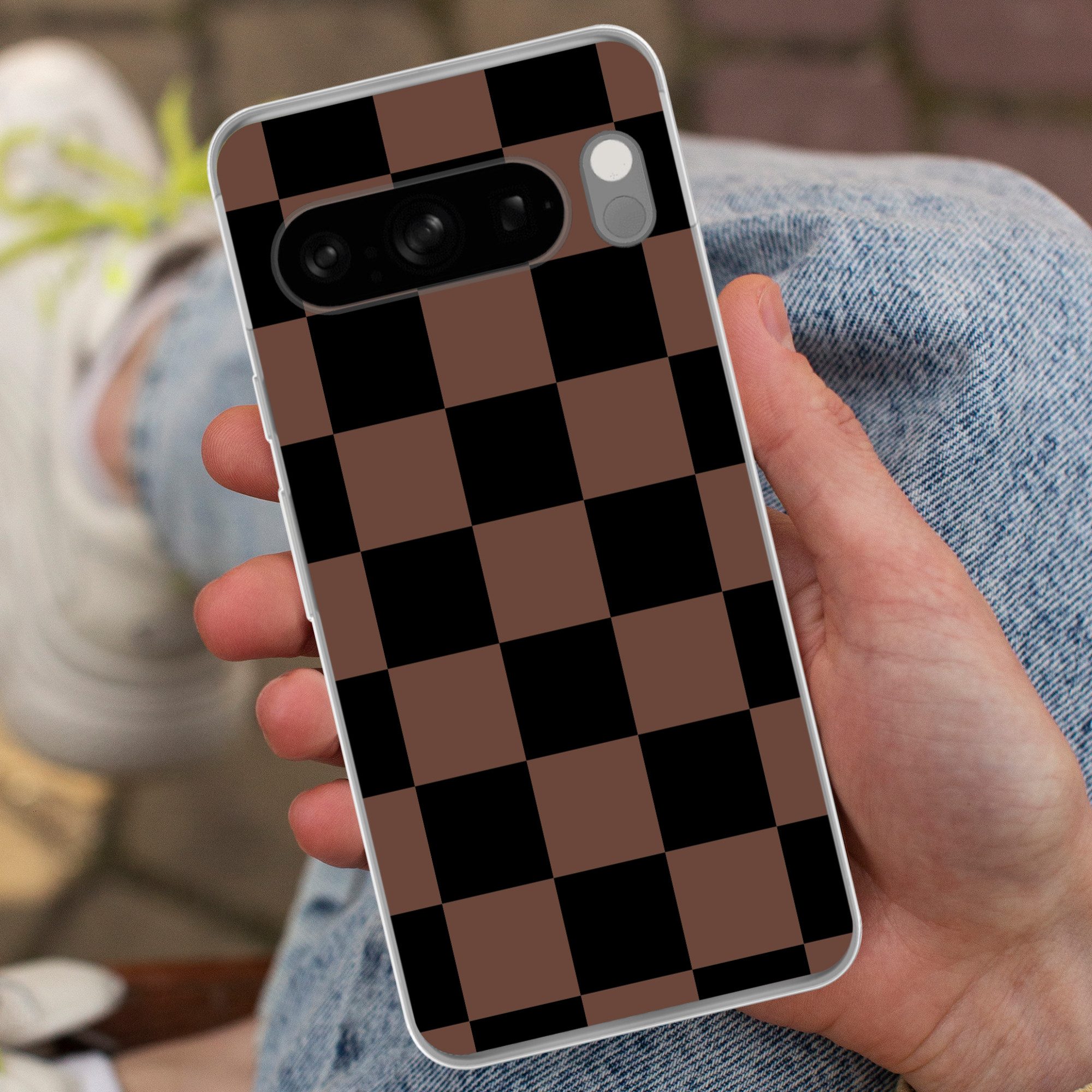 MuchoWow Handyhülle für Google Pixel 8 Pro Schachbrettmuster - Braun - Schwarz - Blöcke, Phone Case, Silikon, Schutzhülle Dünn