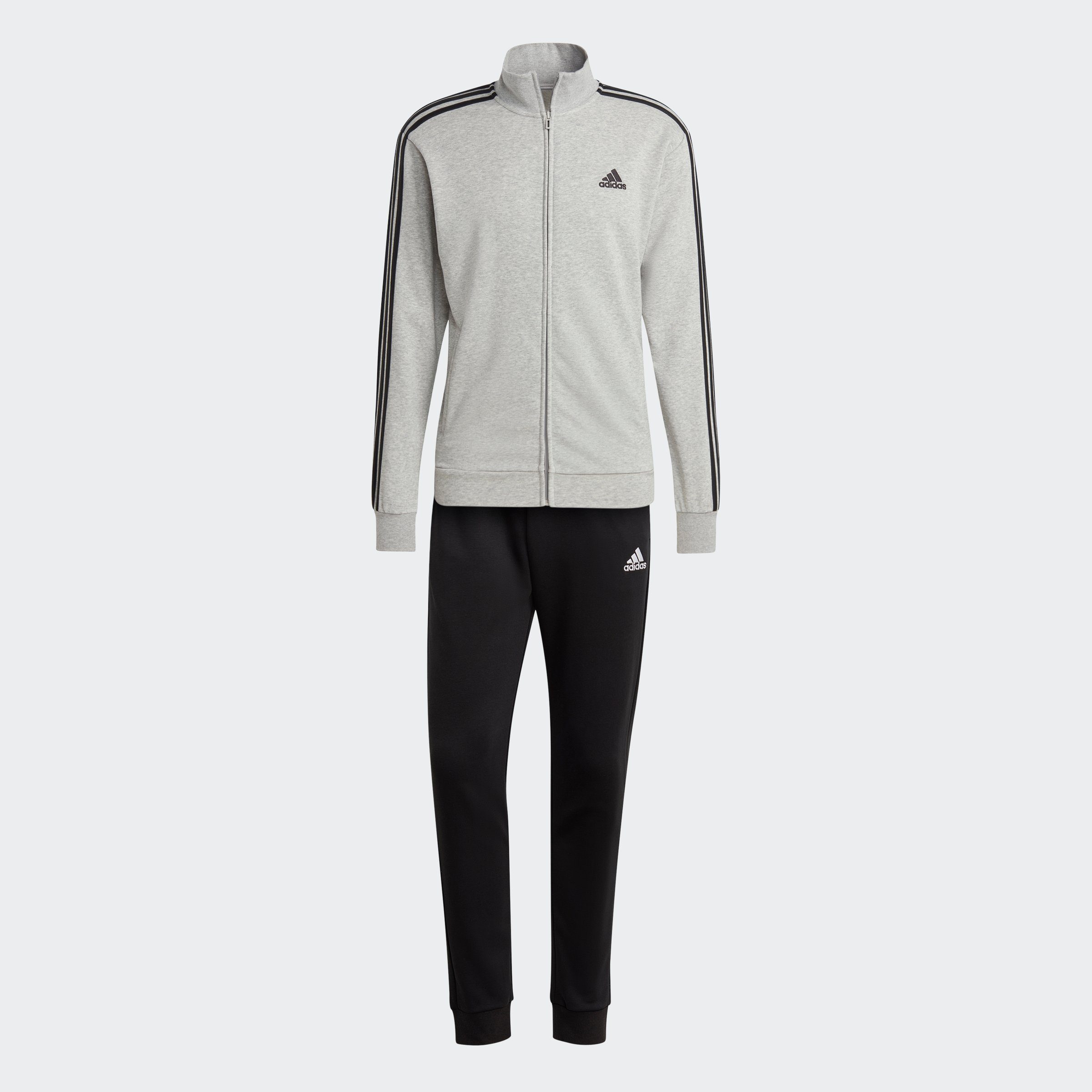 Sportswear (2-tlg) adidas Trainingsanzug Grey Black Medium BASIC FRENCH Heather 3-STREIFEN TERRY /