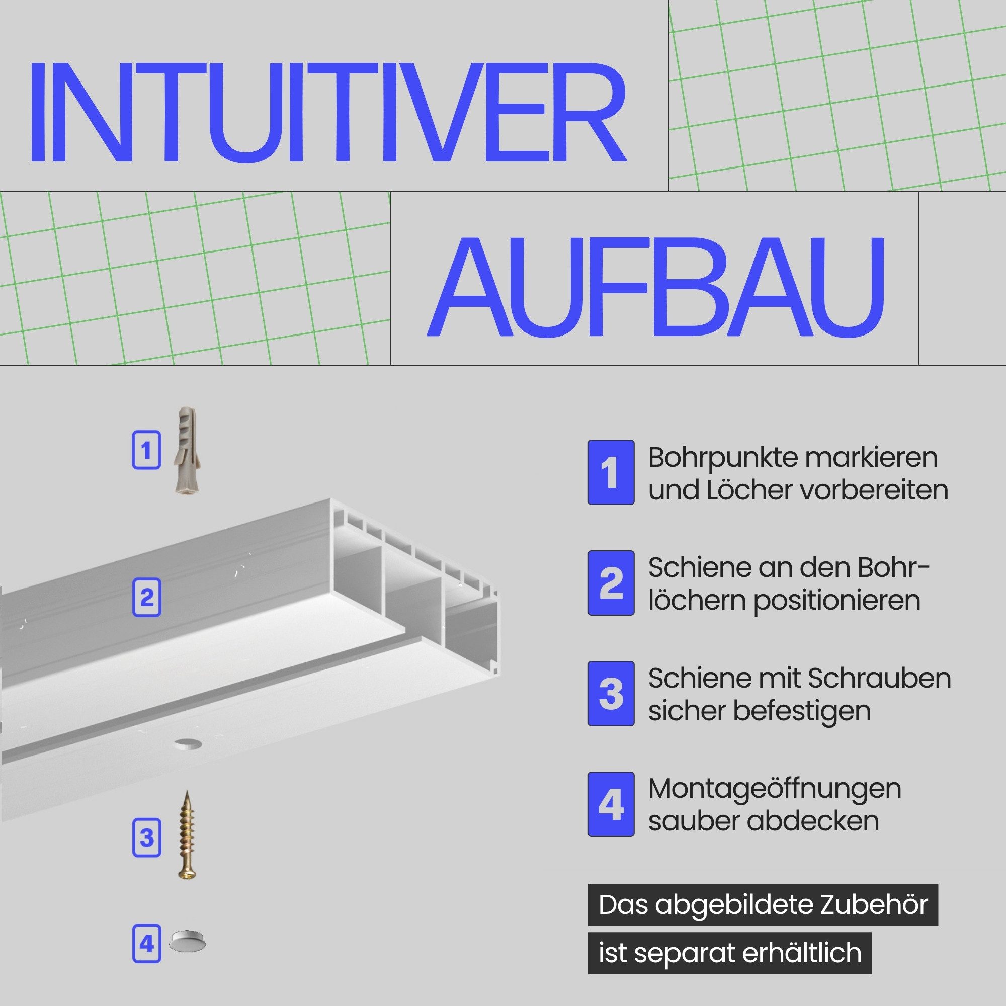 Bestlivings Gardinenschiene Innenlauf, 1-läufig, Bohren, verschraubt, Kunststoff, robust, langlebig, modular erweiterbar, ruhiger Innenlauf, Made in EU – Bild 3 von 5