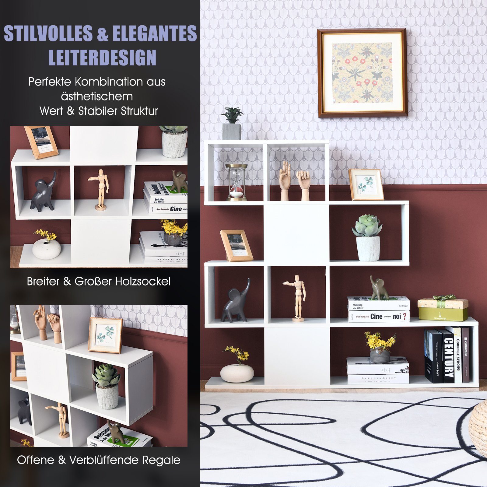 COSTWAY Bücherregal, 5 Etagen Raumteiler, Holz, freistehend, Weiß