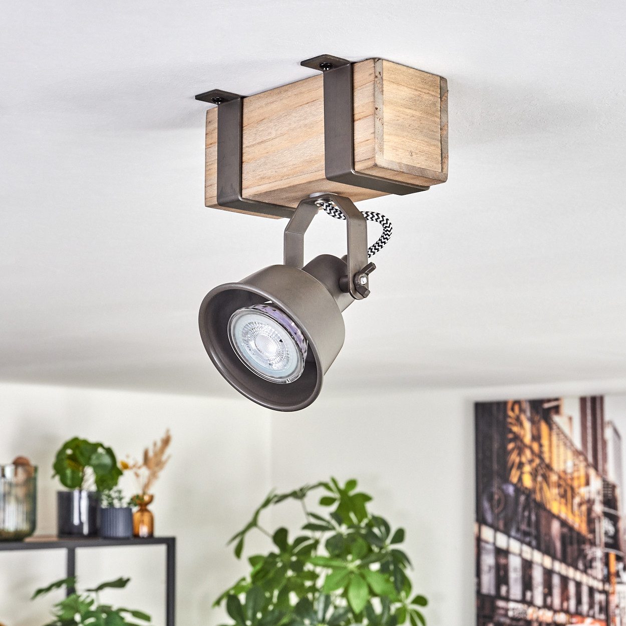 hofstein Deckenleuchte Deckenlampe verstellbar aus Metall/Holz in Grau/Naturfarben, ohne Leuchtmittel, Deckenleuchte im Industrial/Retro/Vintage-Design m. Holzbalken, 1xGU10