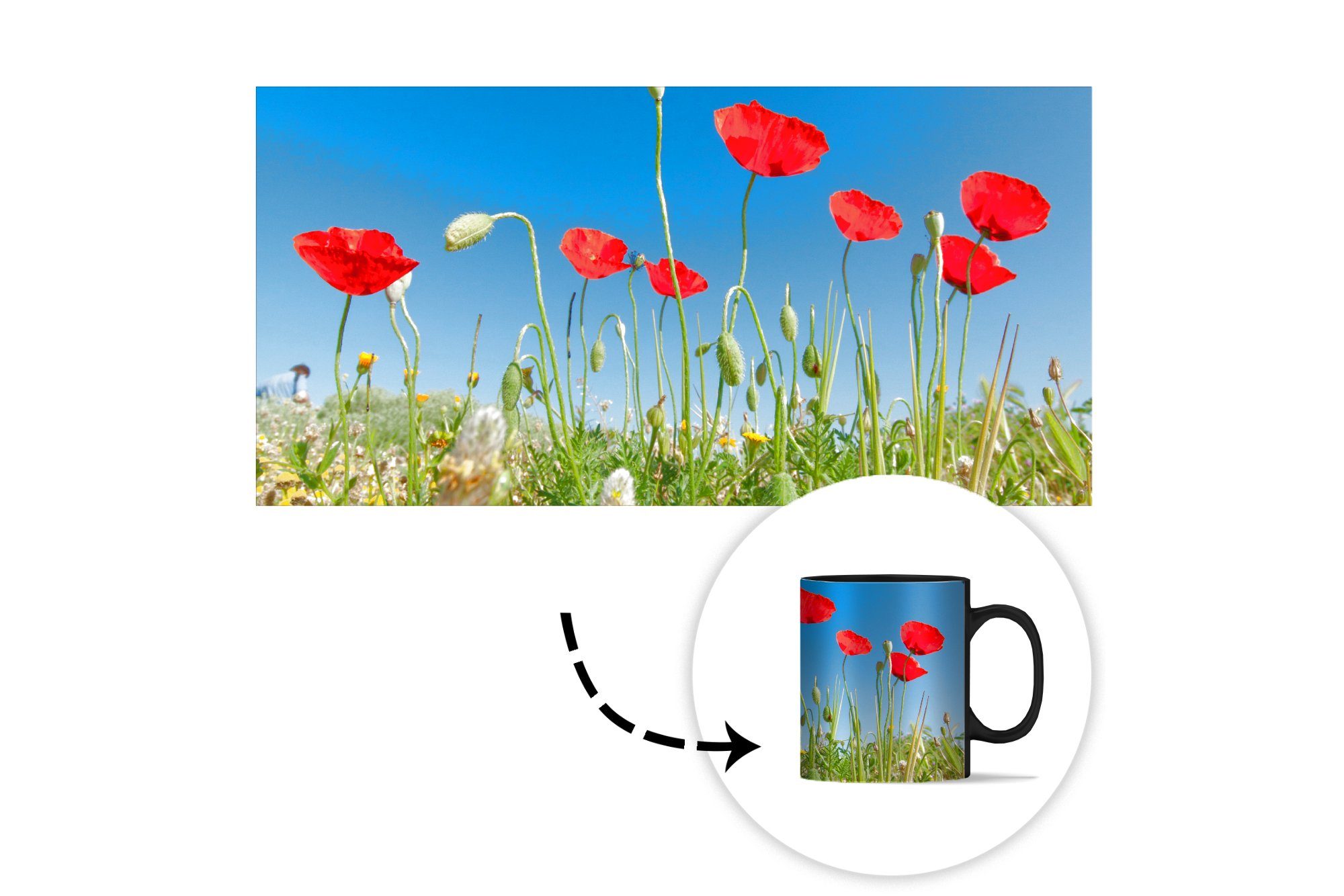 MuchoWow Tasse Rote Mohnblumen unter strahlend Farbwechsel, einem Keramik, Geschenk blauen Kaffeetassen, Türkei, Teetasse, der Zaubertasse, in Himmel