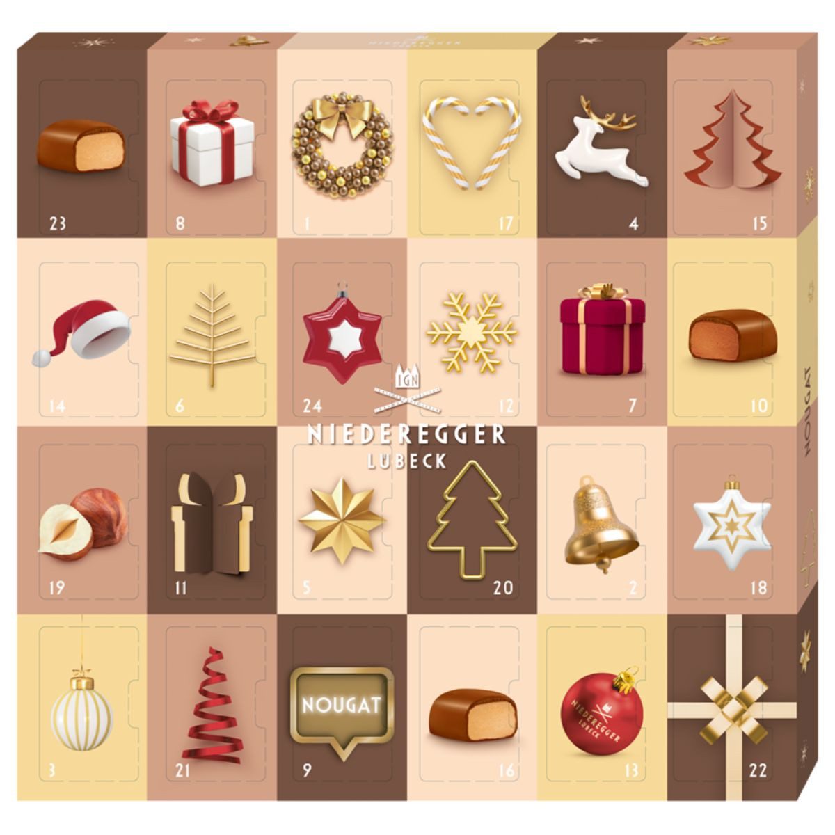 Niederegger Lebensmittel-Adventskalender Adventskalender Minis Nougat, 180 g, Niederegger, 24 Mini-Nougat Pralinen