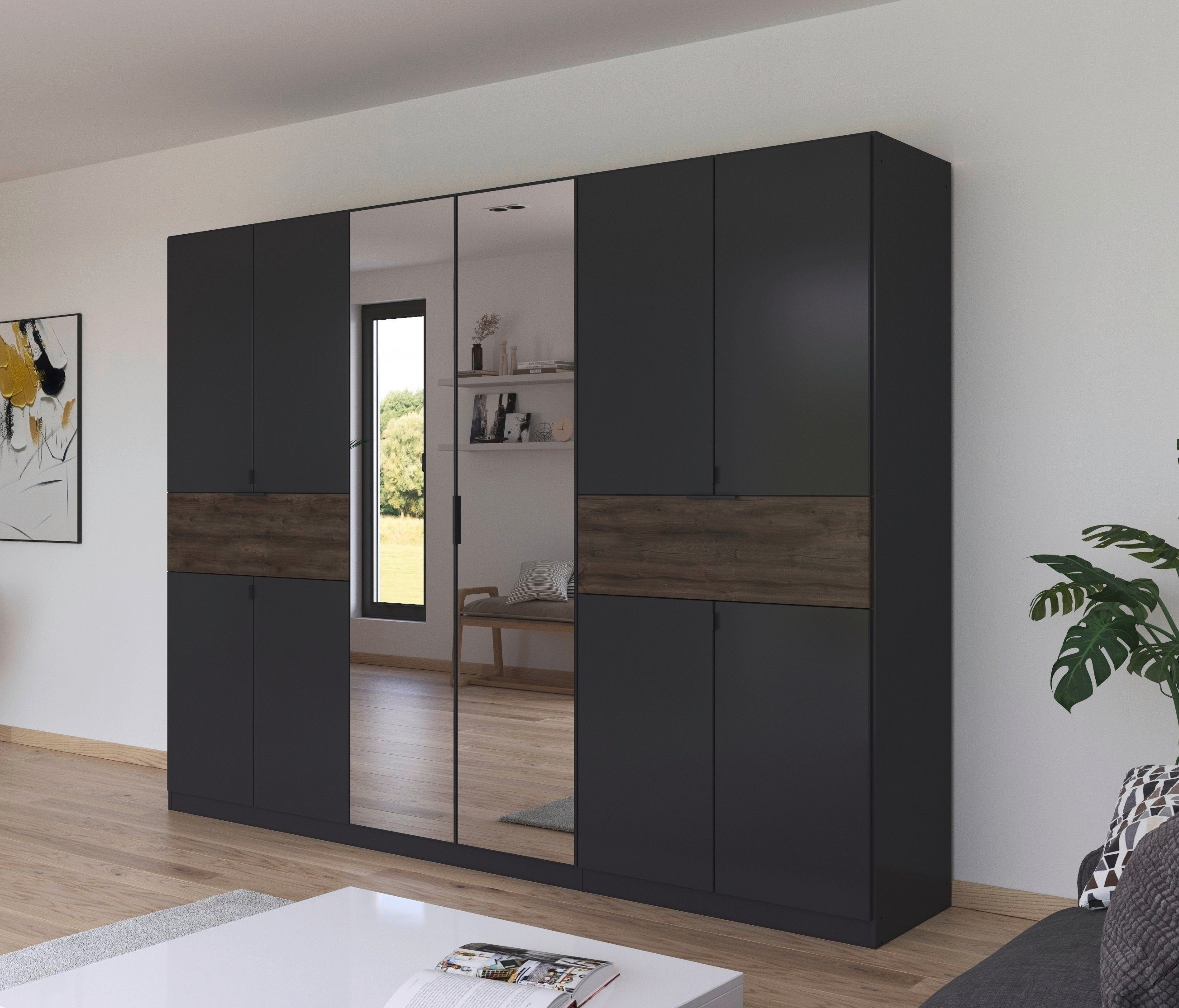 rauch Drehtürenschrank Ticao Höhe variabel mit positionierbar Spiegel, Oak in Graumetallic/Atlantic Schubkästen der dunkel