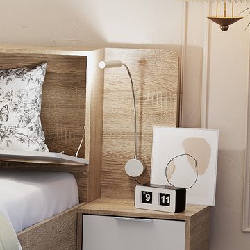 MODFU Holzbett Doppelbett, Bettanlage mit 2 LED Nachtkommoden (Paneelbett mit mehreren Schubladen, mit 2 Nachttisch, aufklappbarer Ablage, 140x200cm), ohne Matratze