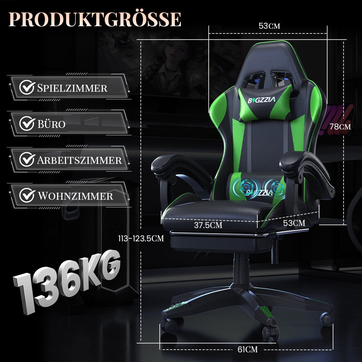 ZAISZE Gaming-Stuhl Schreibtischstuhl, Ergonomischer Bürostuhl mit Massagefunktion (PC Stuhl mit Fußstütze Kopfstütze Lendenkissen), Höhenverstellung Neigung 90°- 135°, für Gaming Arbeit Entspannung