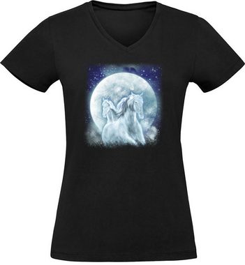 MyDesign24 T-Shirt Damen Pferde Print Shirt bedruckt - Fantasy Pferde vor Mond Baumwollshirt mit Aufdruck, Slim Fit, i136