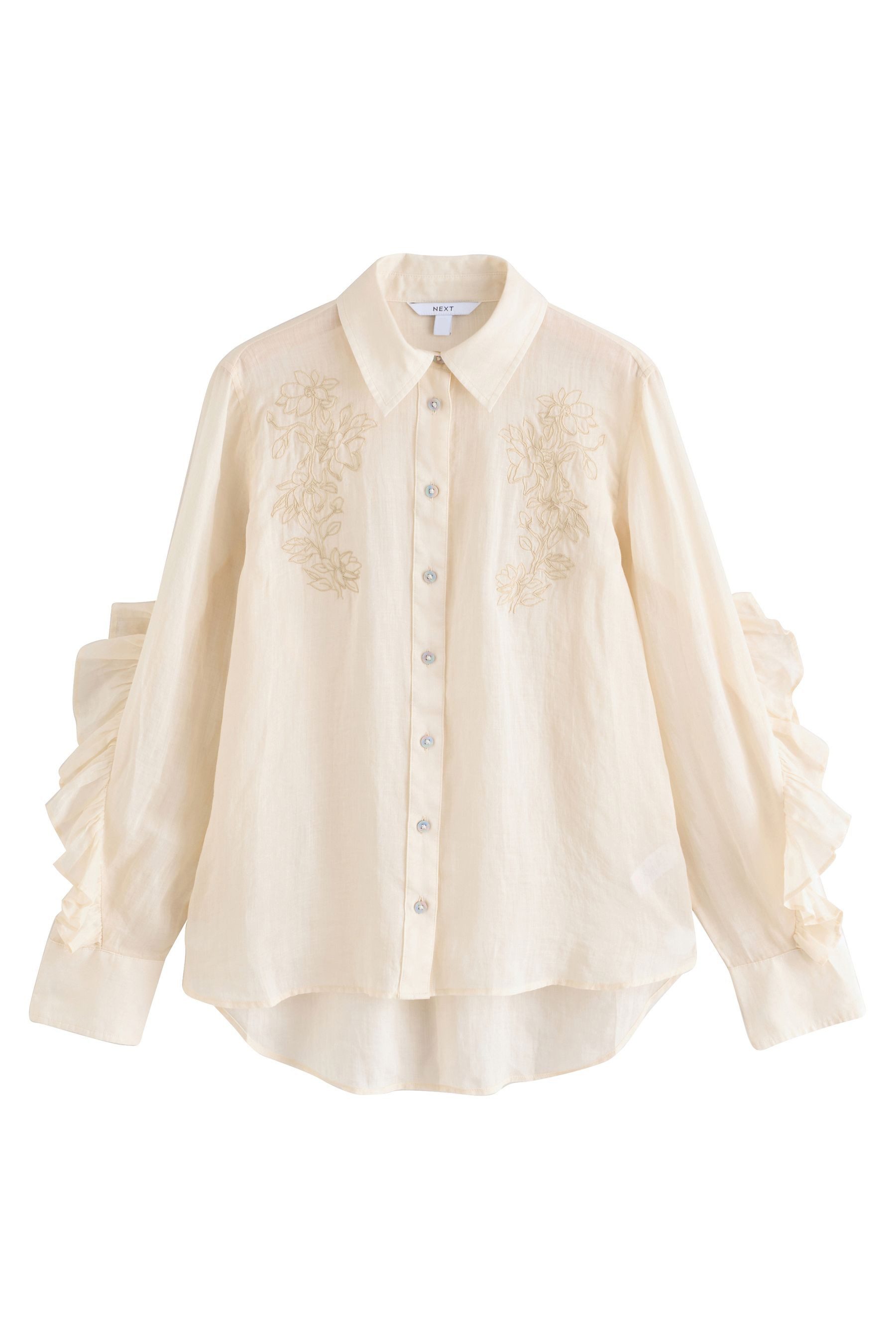Langarmbluse Geraffte, bestickte Ramie-Bluse