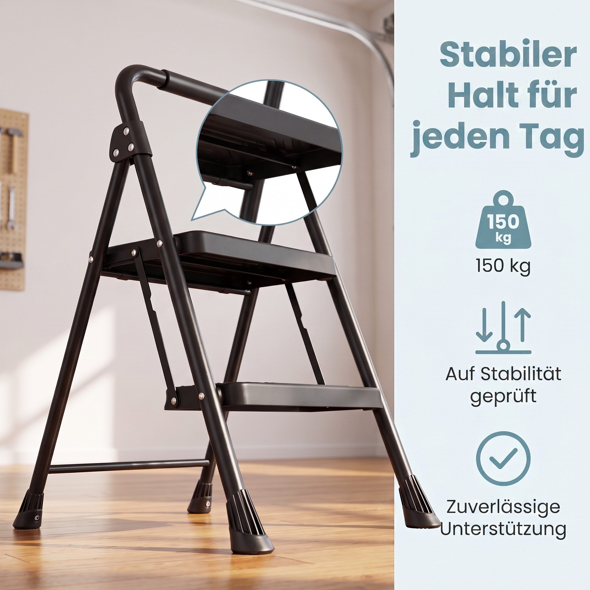 SONGMICS Trittleiter Klapptritt aus Stahl Klappbar mit Handlauf, 150 kg Belastbarkeit für Haushalt Rutschfest Platzsparend – Bild 4 von 5