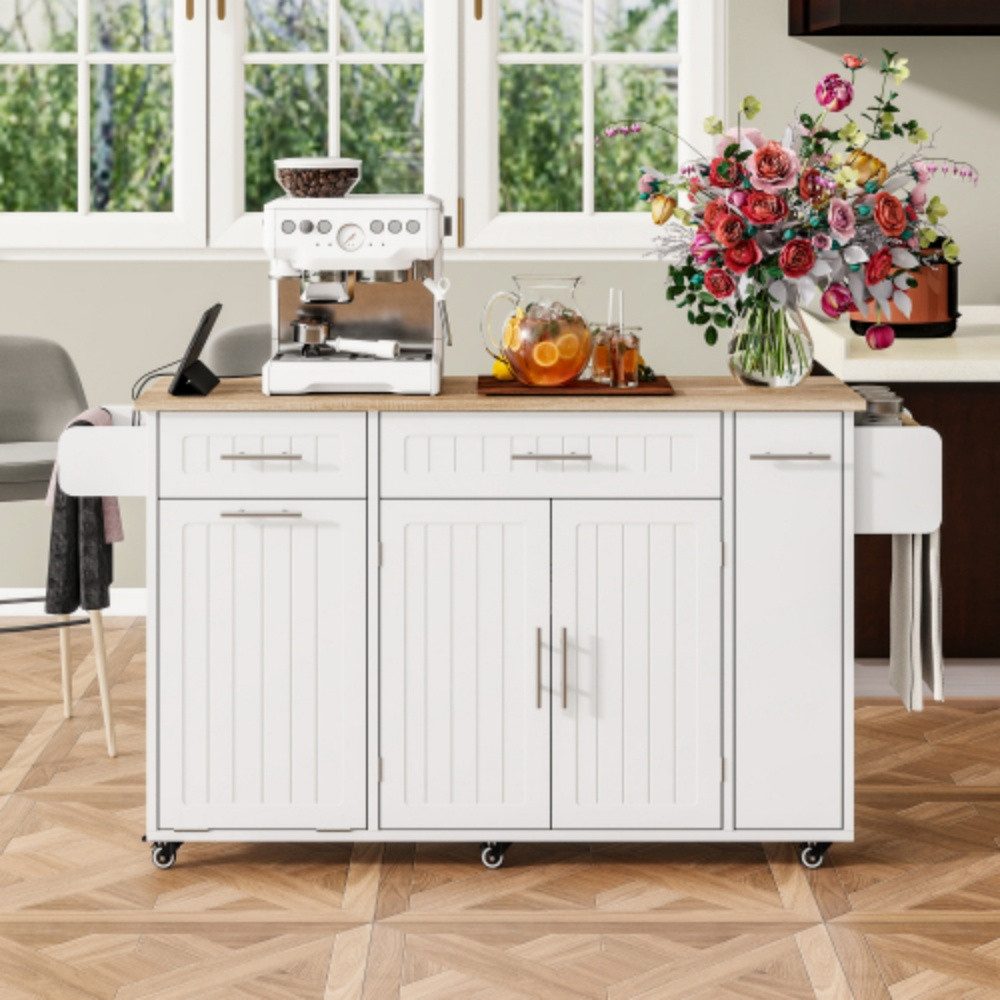 XDeer Kücheninsel Kücheninsel auf Rollen, Ausziehbarer Essbereich Kücheninsel mit, Arbeitsplatte und Abfallbehälterfach,mit Steckdosenleisten