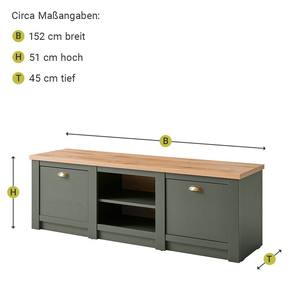 Lomadox Wohnwand CINCINNATI-61, (3-St), im Landhausstil in grün mit Wotan Eiche mit Beleuchtung 240/207/45cm. Reduzierter Preis € 644,40. Unverbindliche Preisempfehlung € 922,99