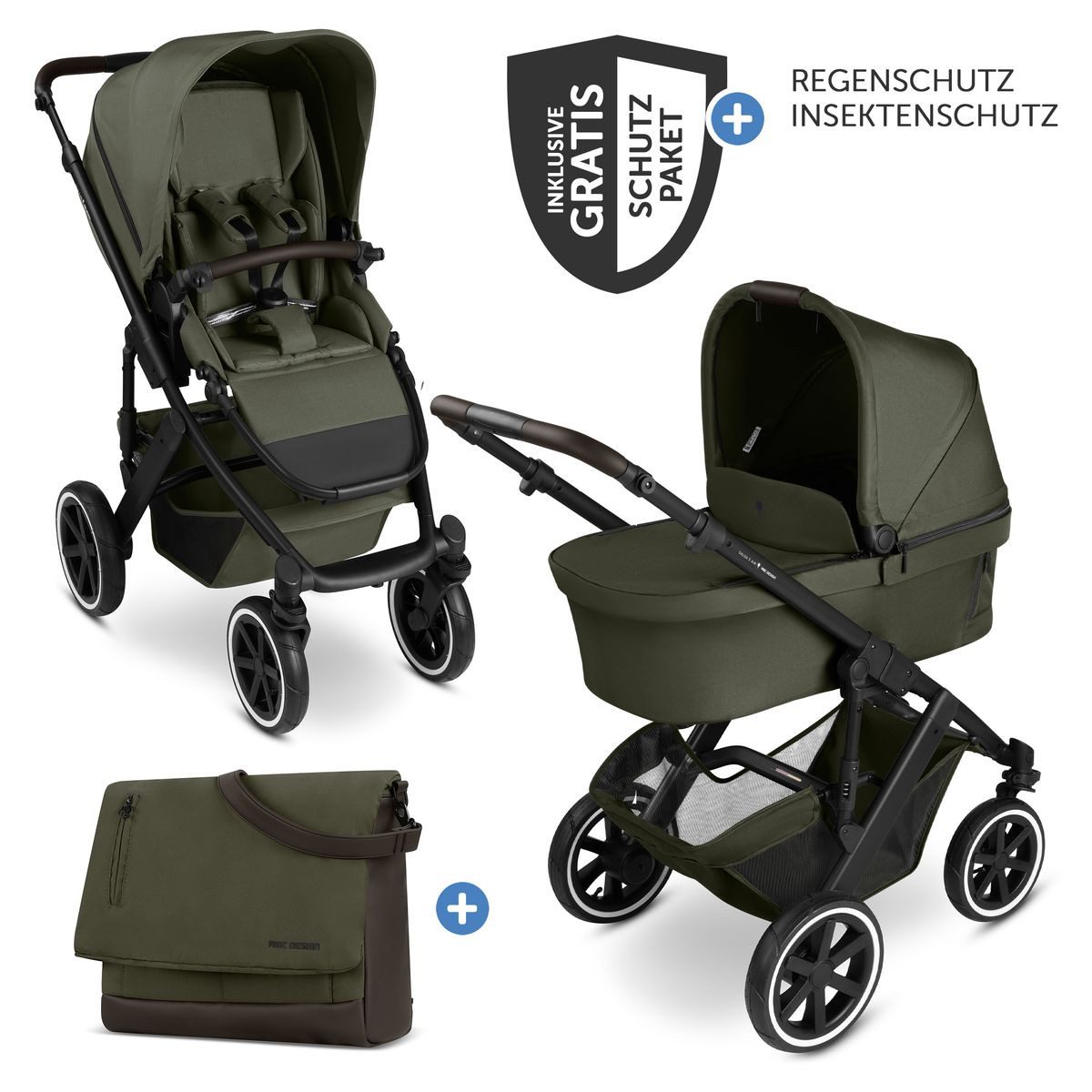 ABC Design Kombi-Kinderwagen Salsa 5 Air - Pure - Avocado, 2in1 Kinderwagen Set mit Babywanne, Sportsitz, Wickeltasche & Zubehör