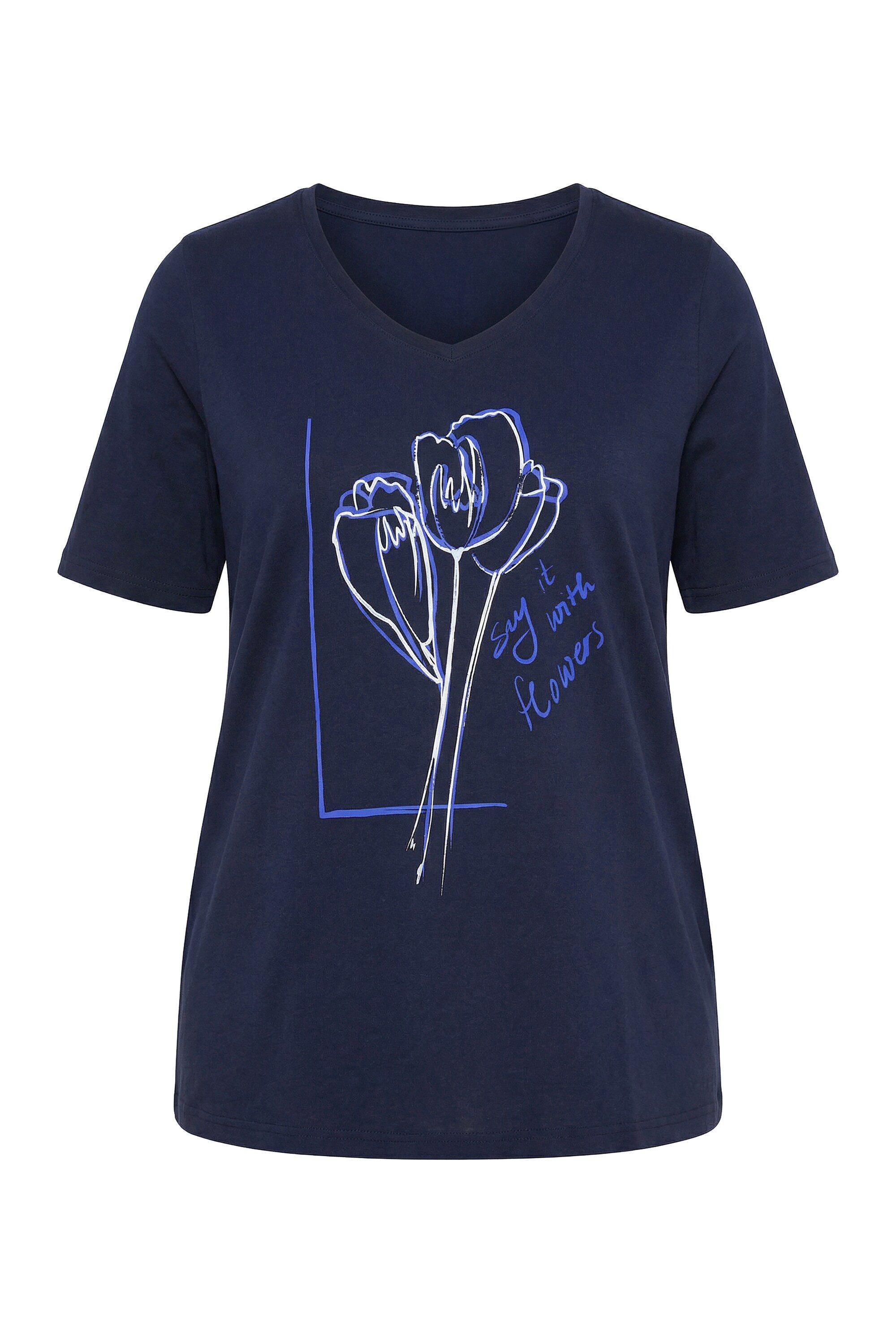 Ulla Popken T-Shirt T-Shirt Blumen Classic V-Ausschnitt Halbarm