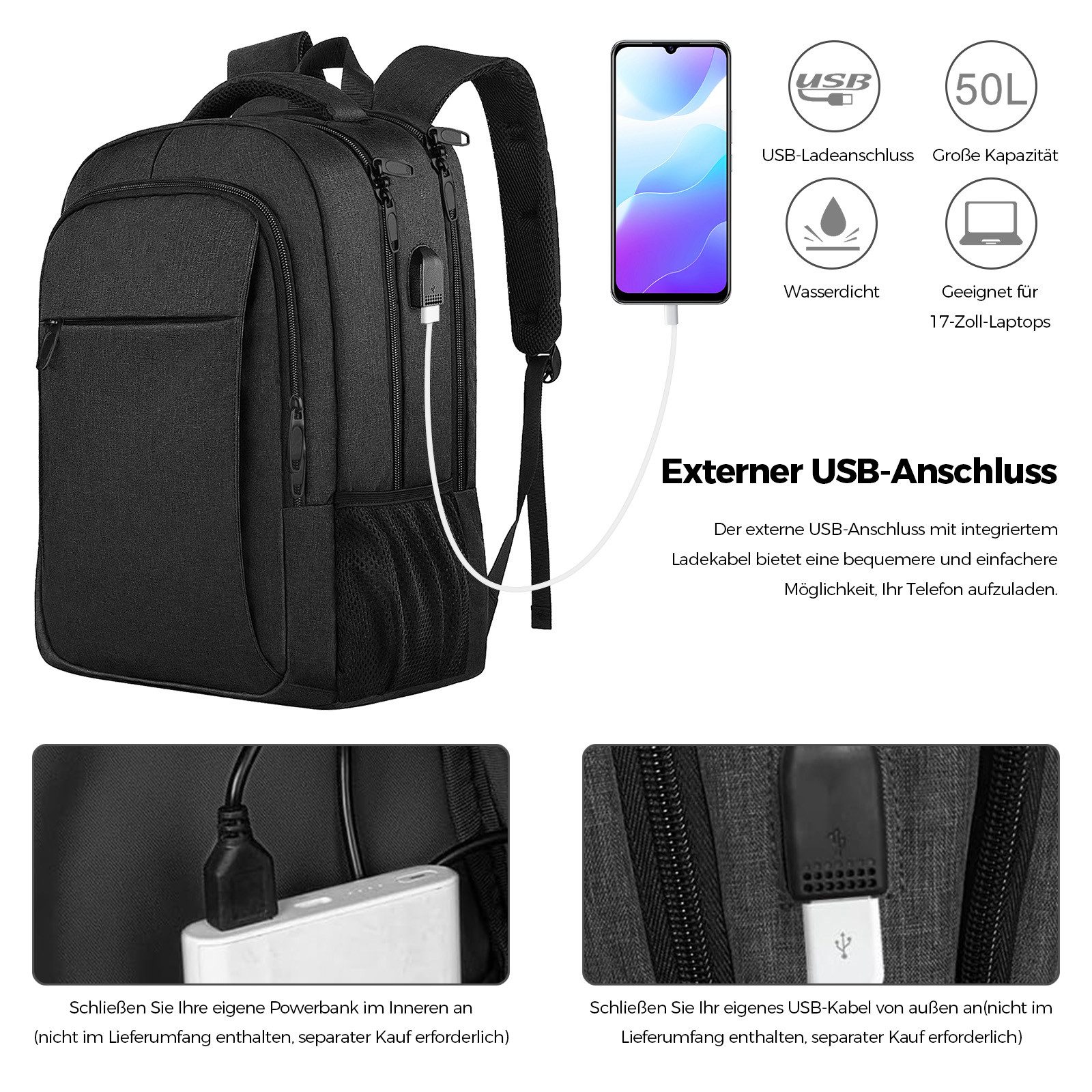 REDOM Laptoprucksack Schwarzer Laptop-Rucksack 17,3 Zoll für Business, Reise & Uni (USB-Anschluss, versteckt Anti-Diebstahlfach, Kofferband Laptopfach, 1-tlg., Anti-Diebstahl, mit Koffergurt), 15 Fächer, wasserabweisendes Oxford-Gewebe, atmungsaktive Gurte