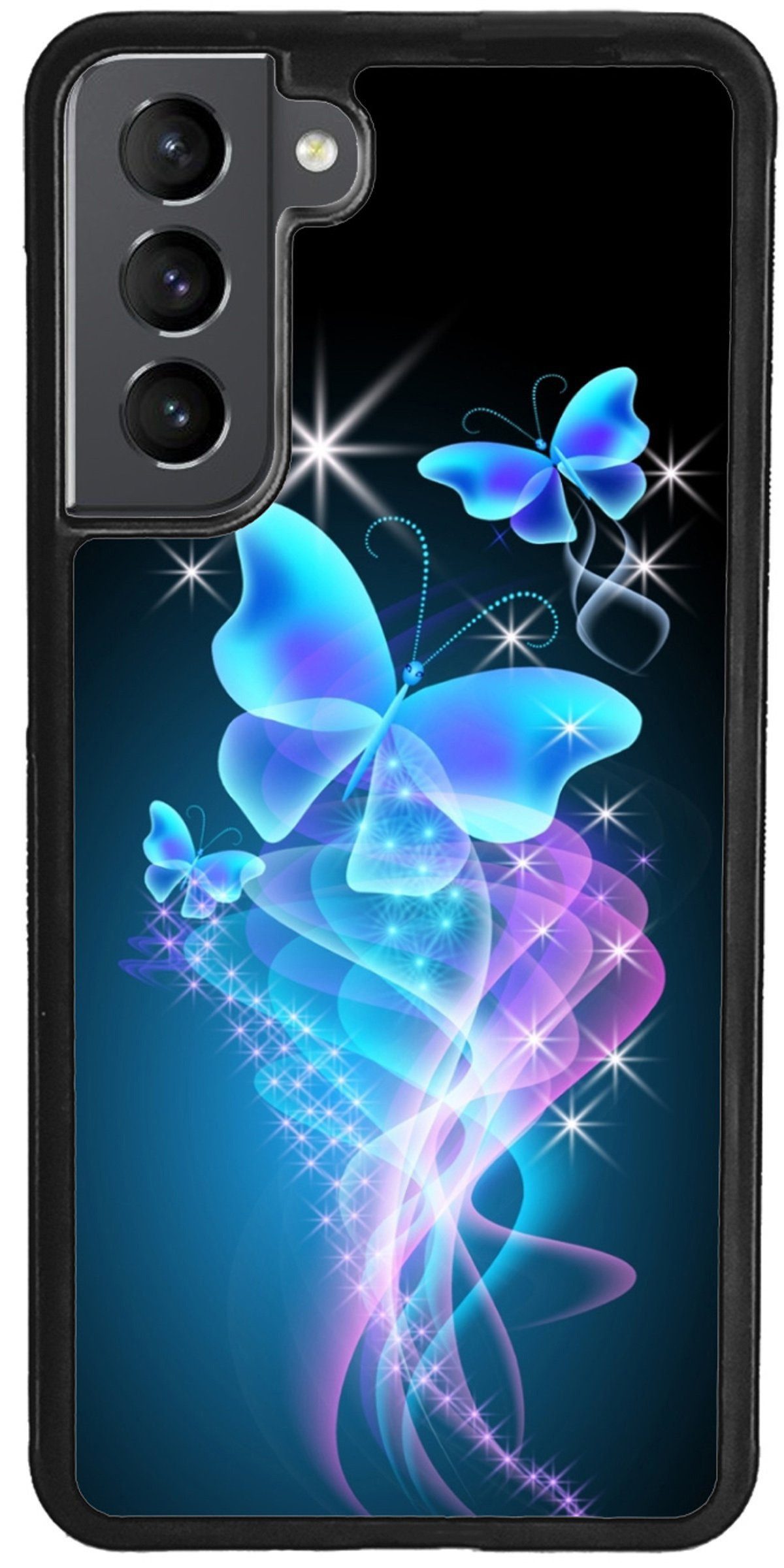 Traumhuelle Handyhülle TPU HÜLLE Silikon MOTIV 286 Case Cover Schutzhülle Backcover Etui 5G, Schmetterling Butterfly Blau Sterne Handy Bumper Rückschale Schwarz