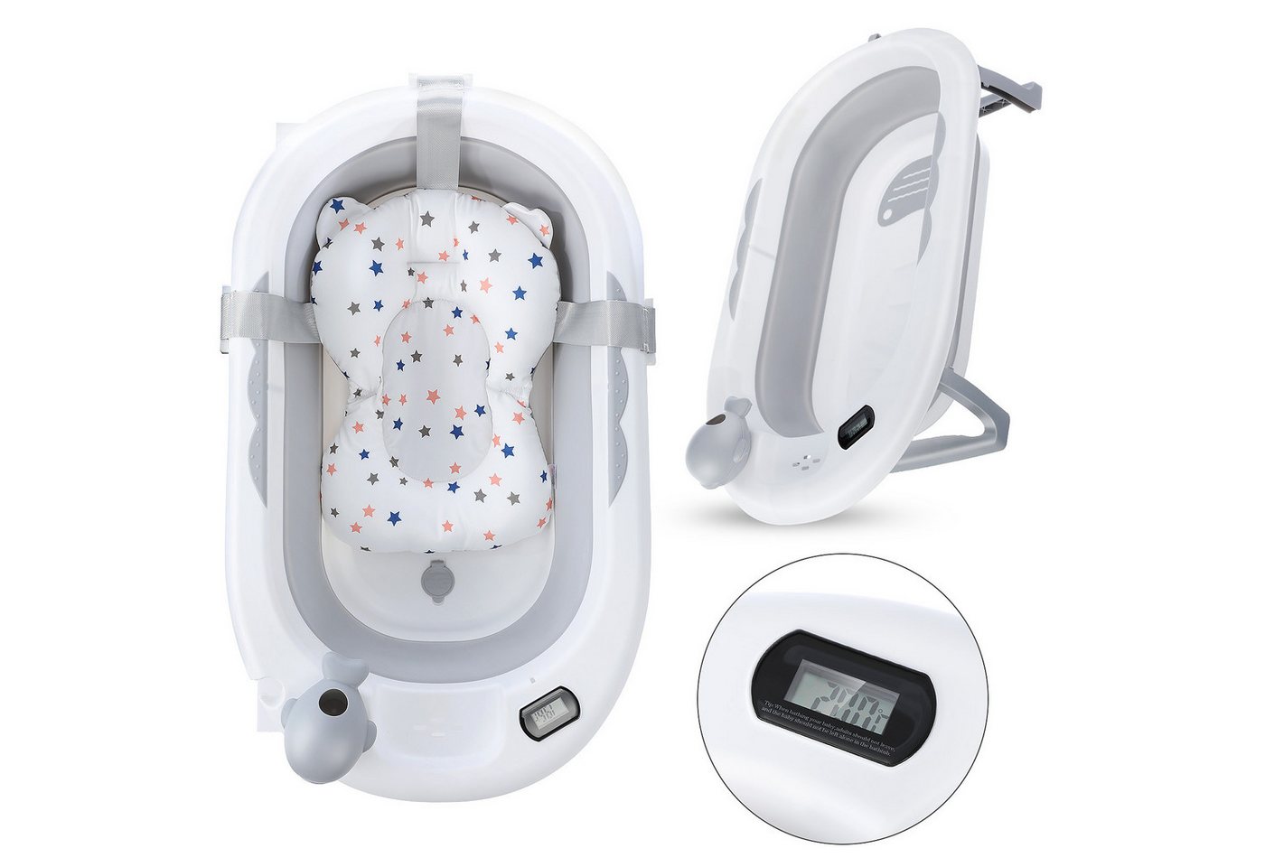 Thumbnail - WILGOON Babybadewanne Faltbare Baby Badewanne PP&TPE Babywanne Badewannensitz Grau, Mit Badekissen Und Integriertem Ther...