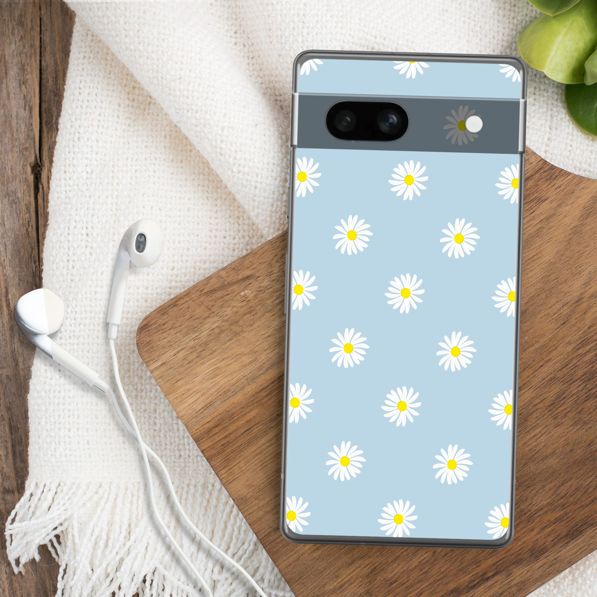 MuchoWow Handyhülle für Google Pixel 7a Gänseblümchen - Pastell - Weiß - Blau - Blumen, Handy Case, Silikon, Bumper Case Dünn