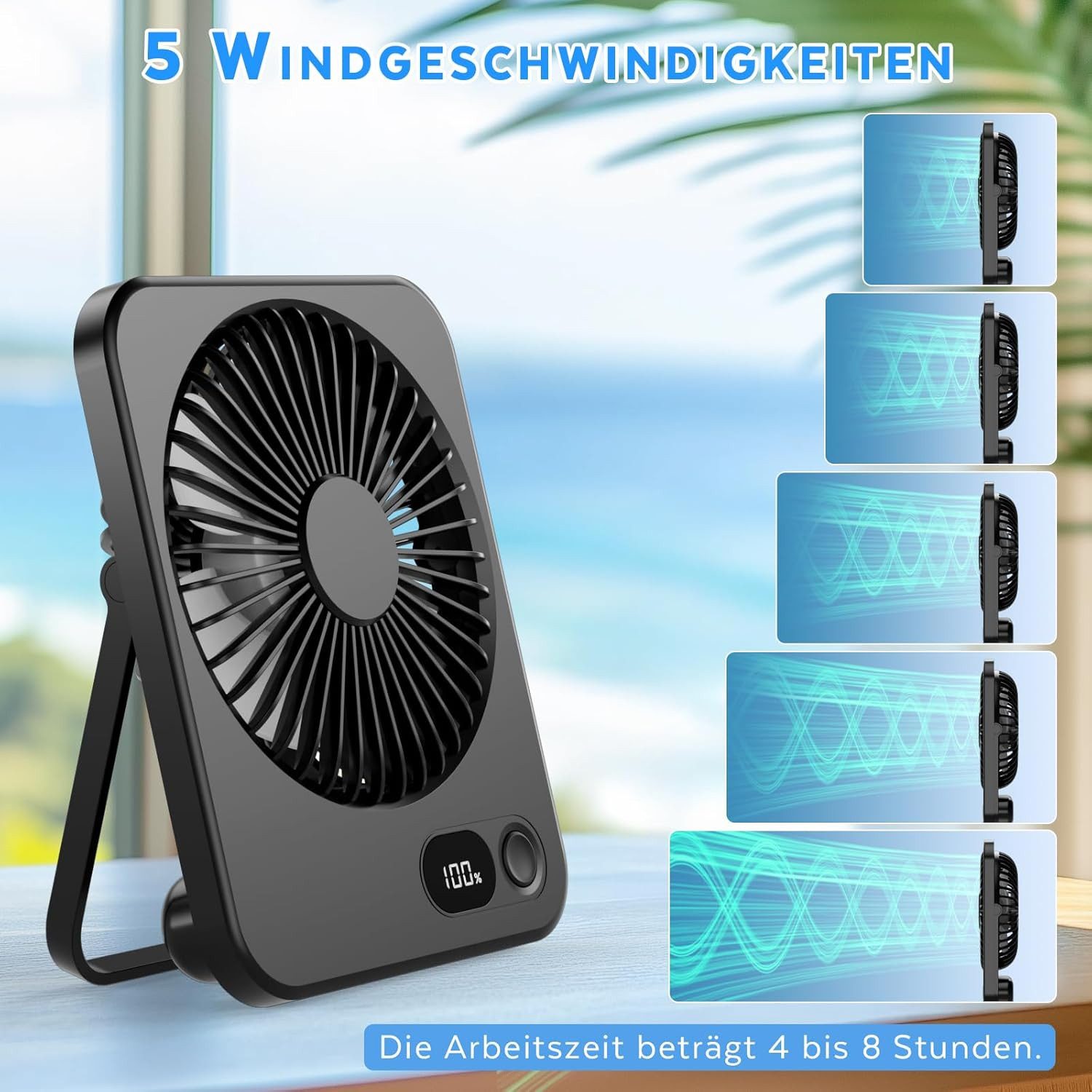 skelo Tischventilator Klein Tischventilator USB Leise Ventilator Akku 2000mAh 5 Windstufen, 1 cm Durchmesser, 180° Einstellbar Tragbarer LED Anzeige Fan Für Büro, Bibliothek, Reise