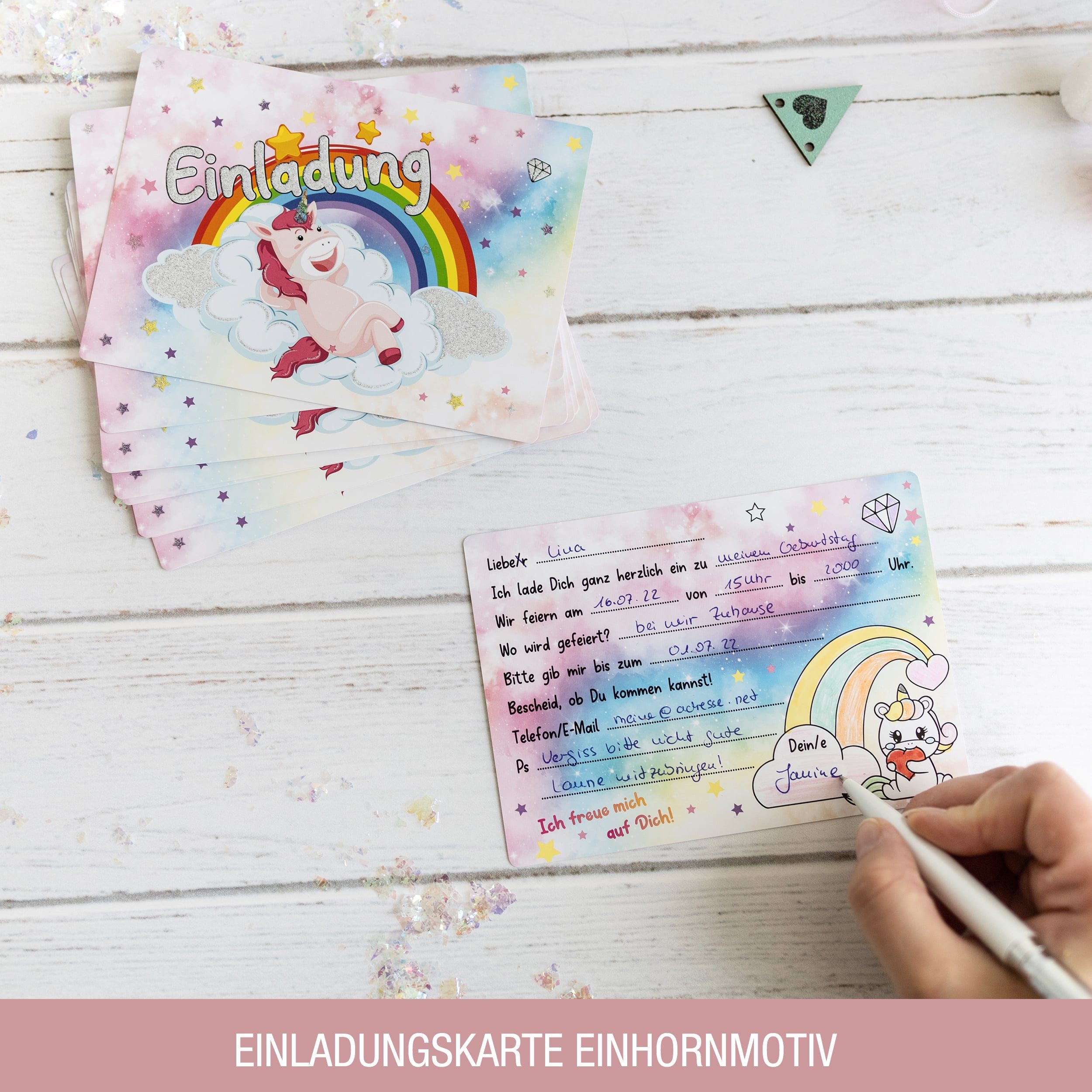 TOBJA Einladungskarten 12x Einladungskarte Einhorn Glitzer inkl Umschläge, Partyeinladungen A6 (10,5 x 14,8 cm) Postkarten – Bild 5 von 5