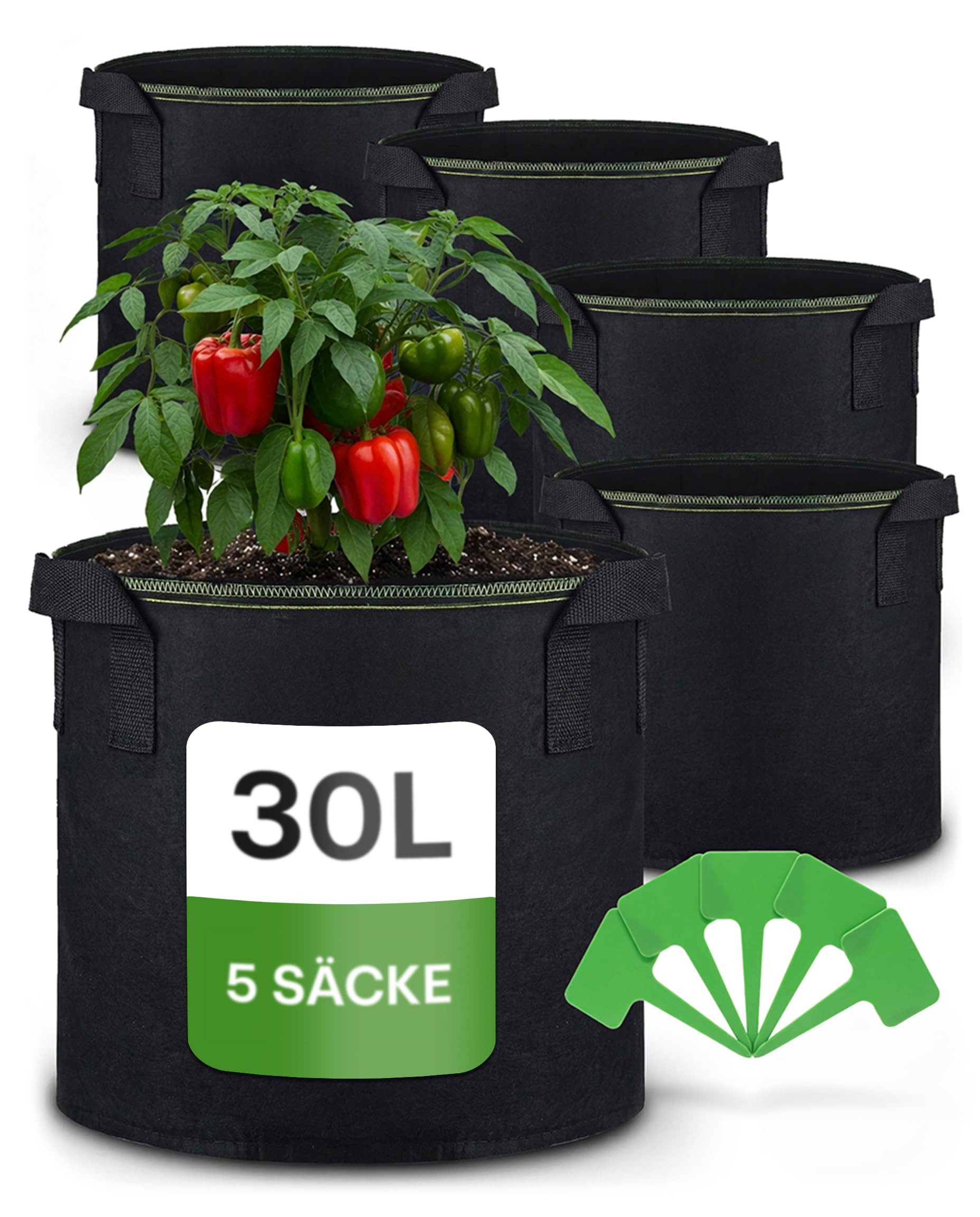 Pflanzkübel Pflanzsack 30l - 5 STK aus Vliesstoff mit 5 Schilder zum Beschriften